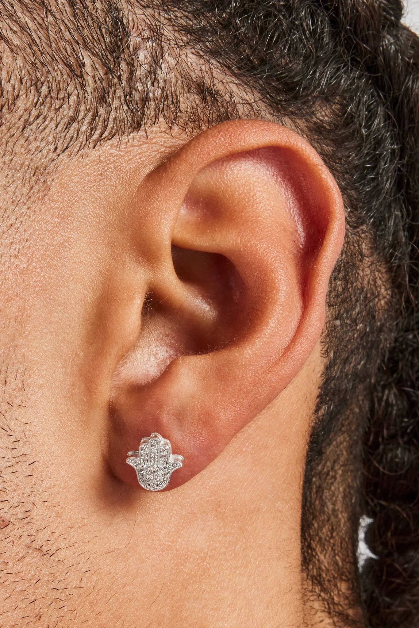 10mm Iced Hamsa Hand Stud Earrings - White - Image 2