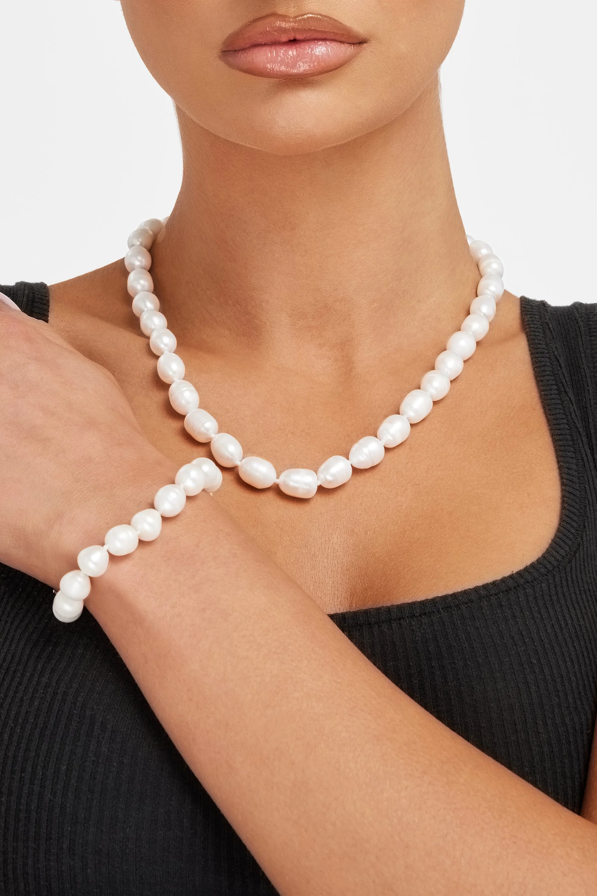 10mm Rice Pearl Necklace + Bracelet Bundle - Image 2