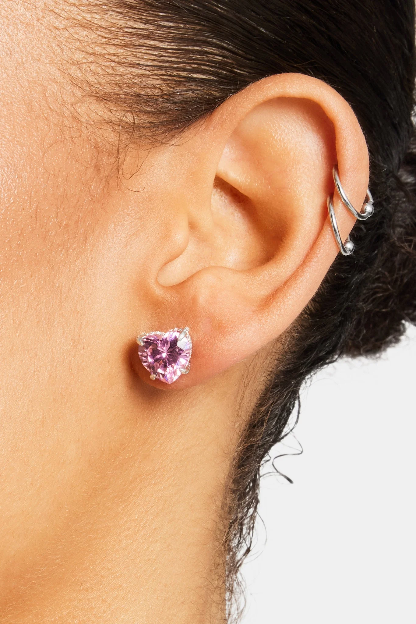 10mm Sterling Silver Iced Pink Heart Stud Earrings - Image 2
