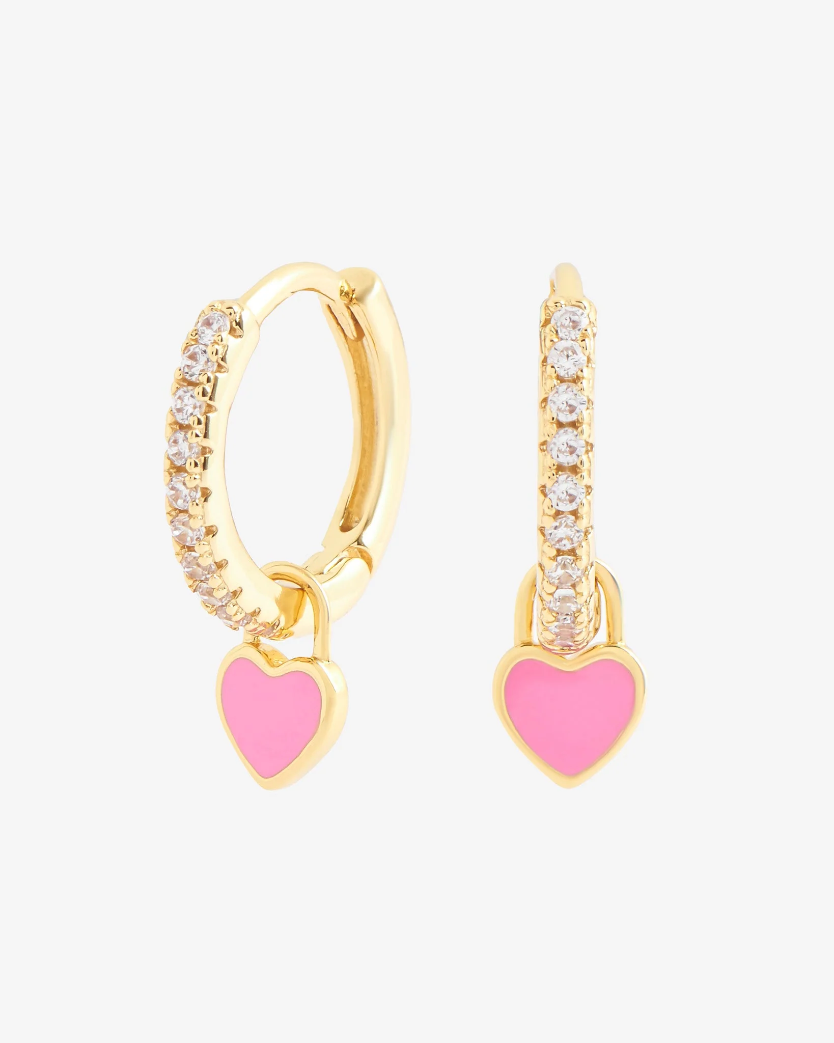 12mm Iced Pink Enamel Drop Heart Huggie Hoop Earrings - Gold - Image 2