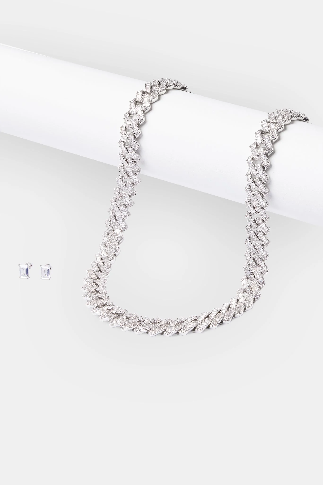 14mm Baguette Prong Cuban Chain & Earrings - White - Image 2