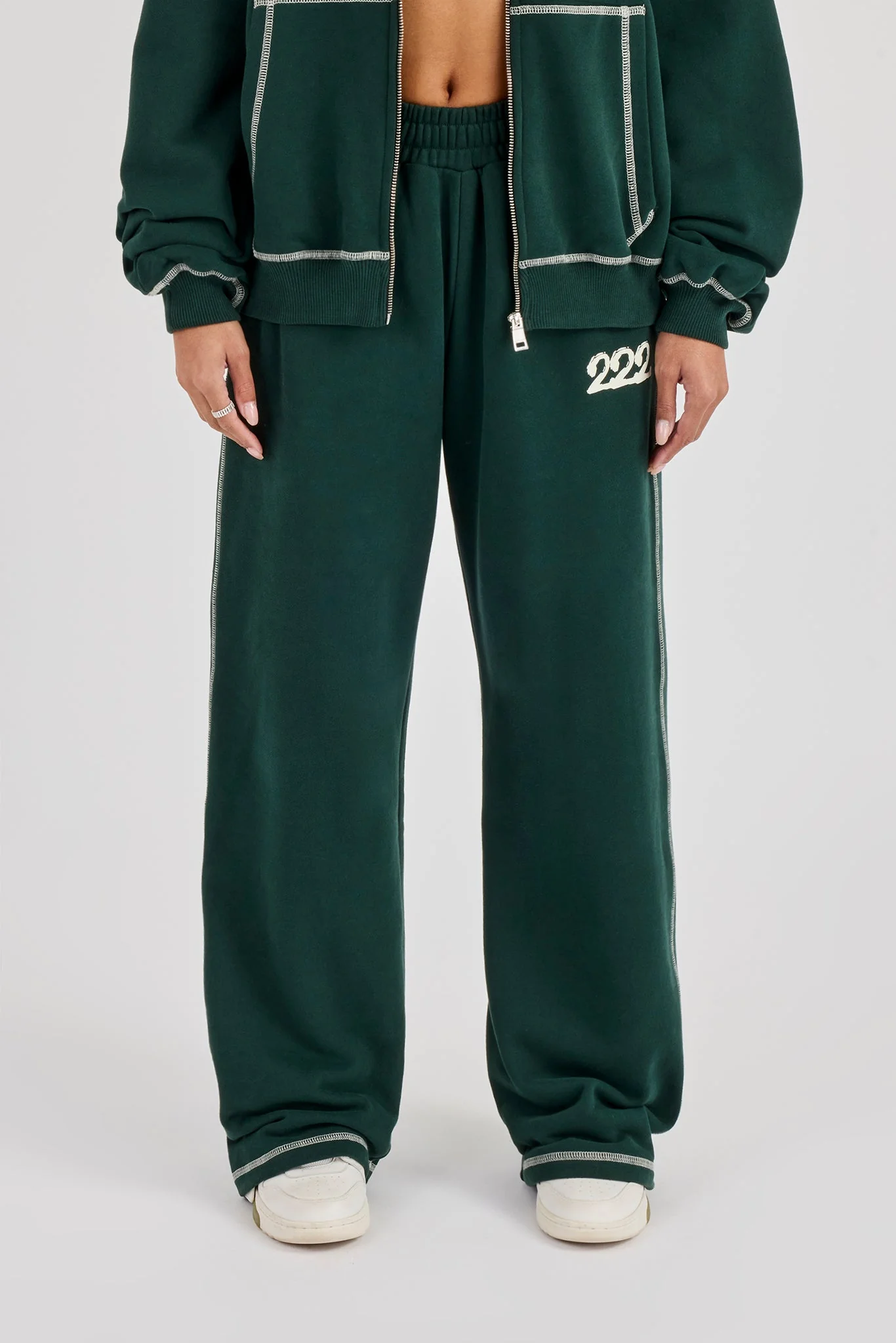 222 Cherub Contrast Stitch Wide Leg Jogger - Dark Green - Image 2