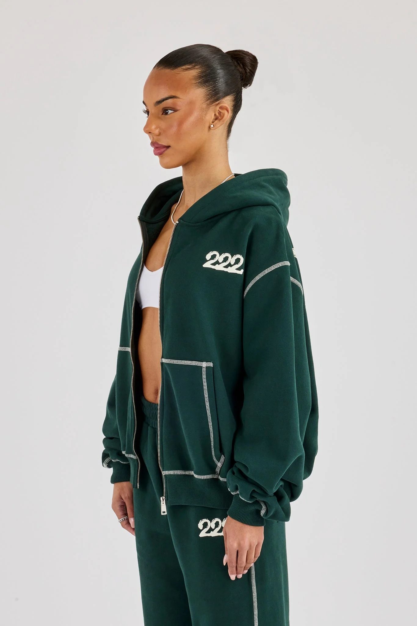 222 Cherub Contrast Stitch Zip Through Hoodie - Dark Green - Image 3