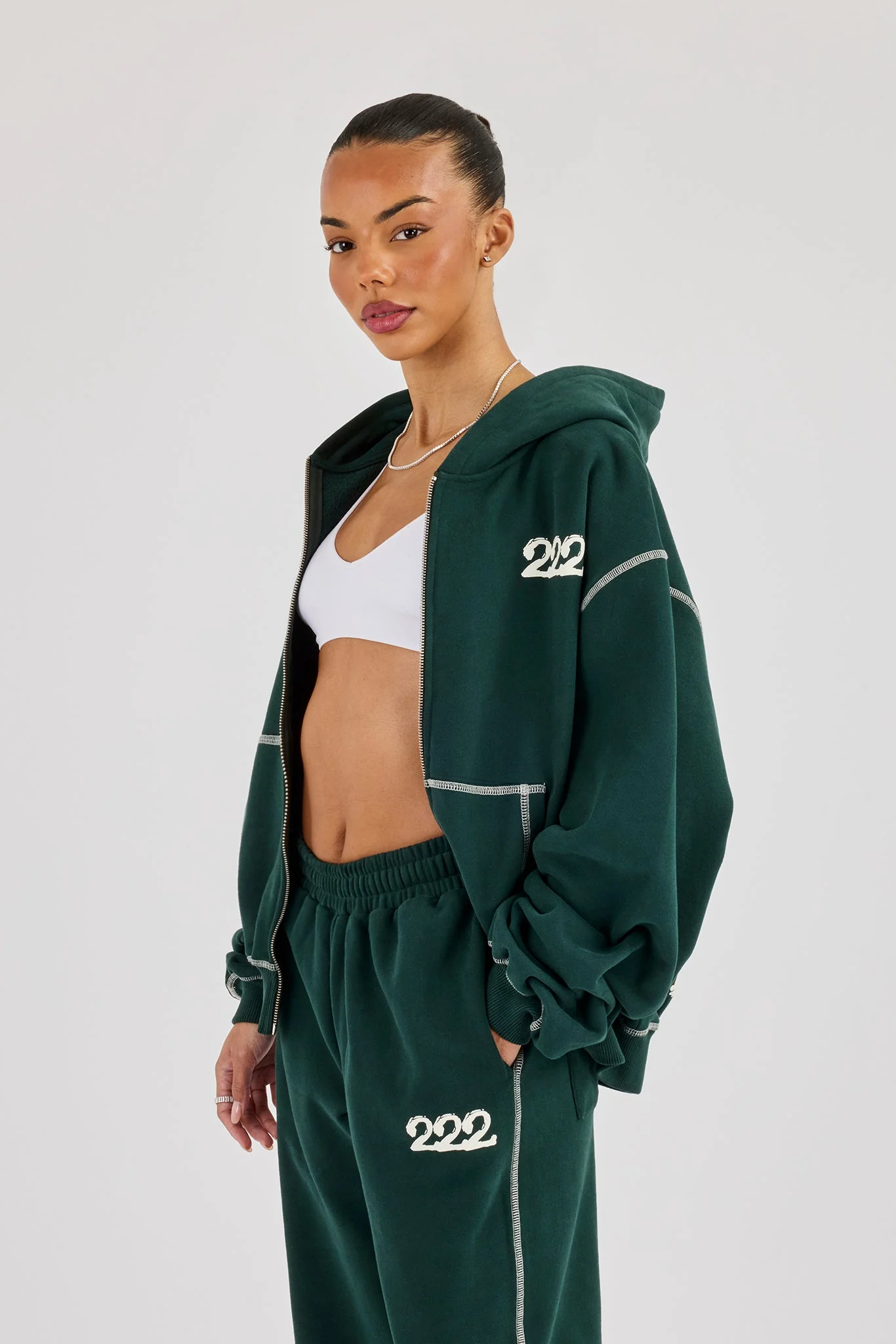 222 Cherub Contrast Stitch Zip Through Hoodie - Dark Green - Image 4
