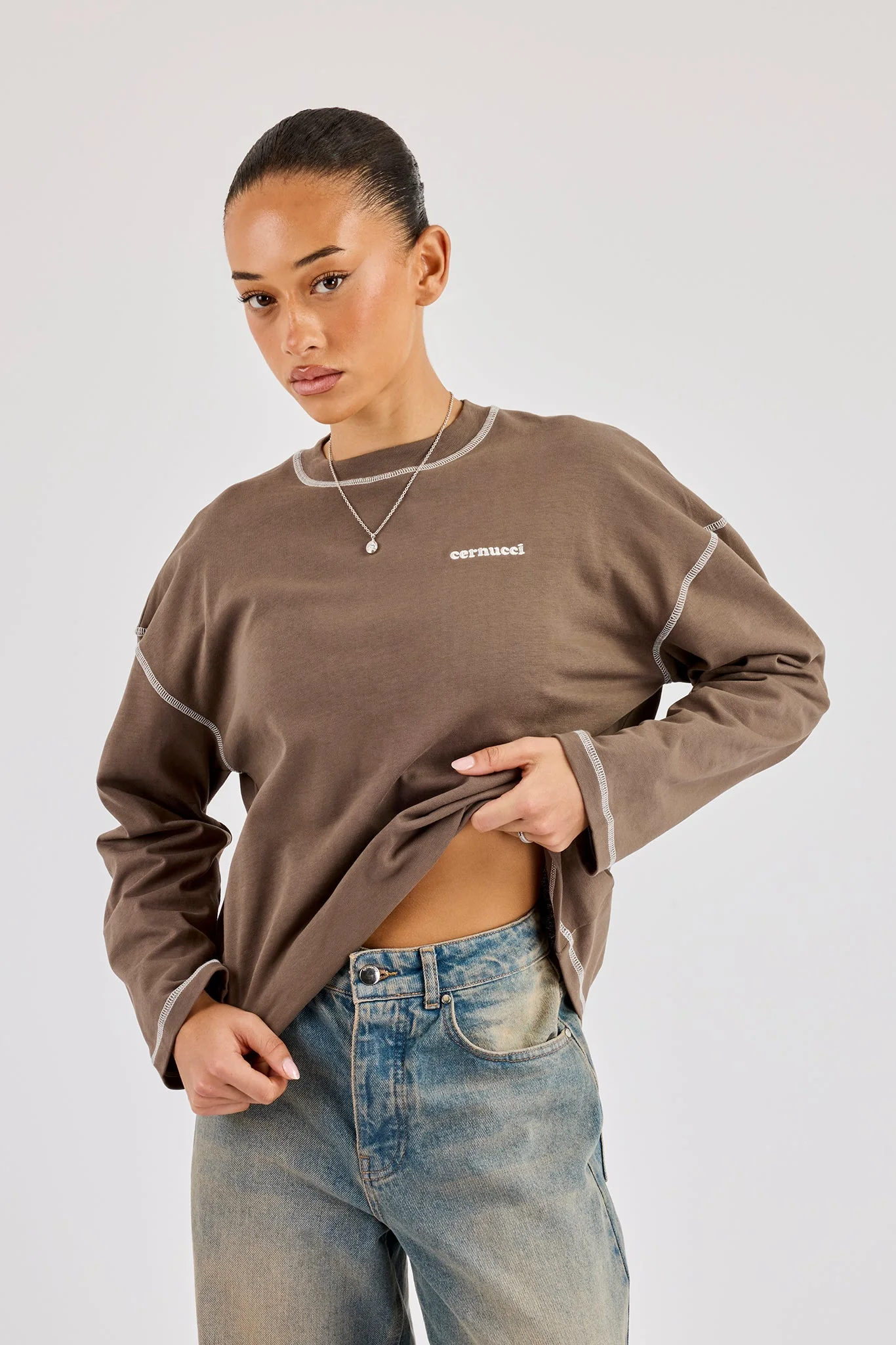 333 Contrast Stitch Long Sleeve T-Shirt - Taupe - Image 2