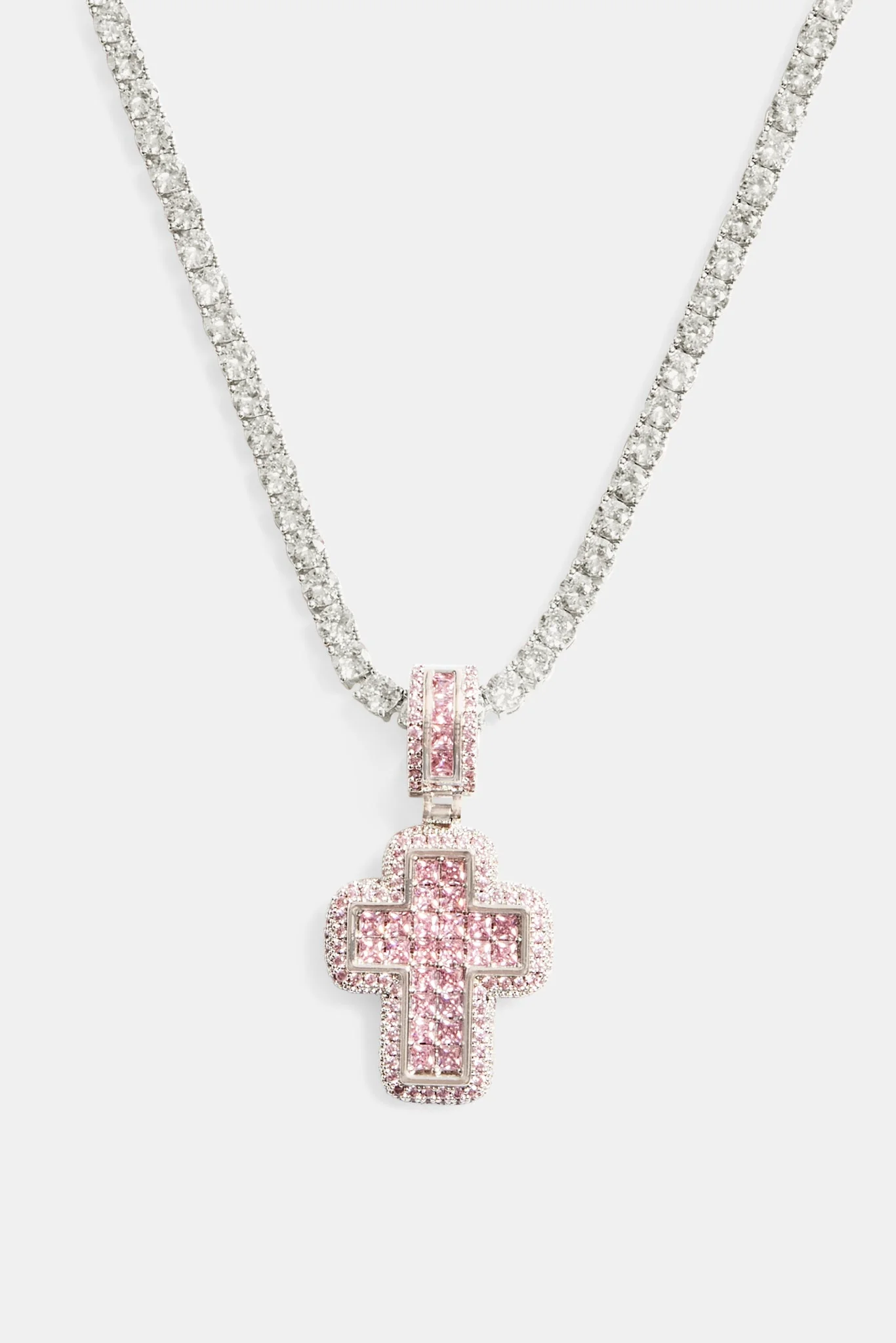 35mm Iced Pink CZ Baguette Cross Pendant