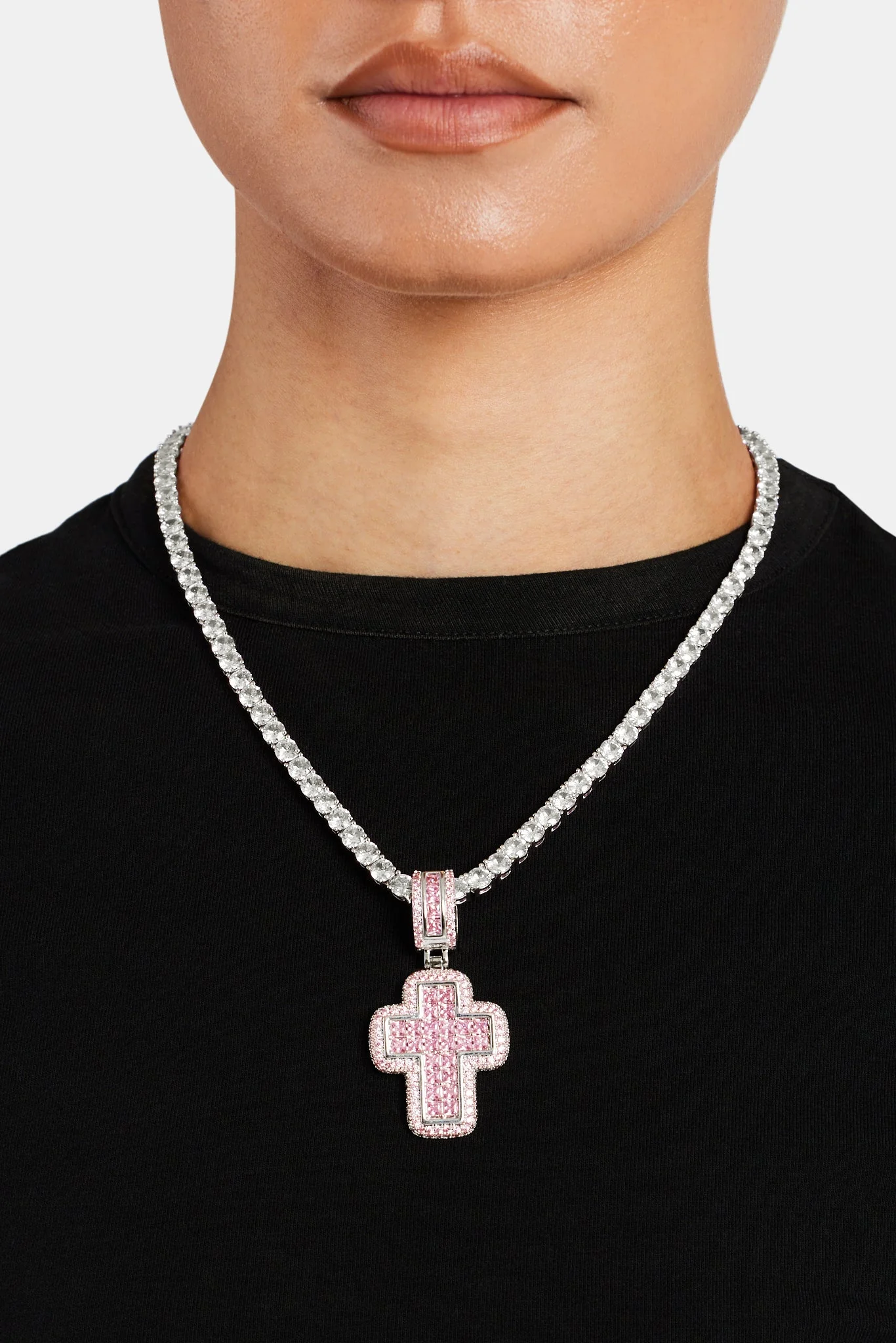 35mm Iced Pink CZ Baguette Cross Pendant - Image 2