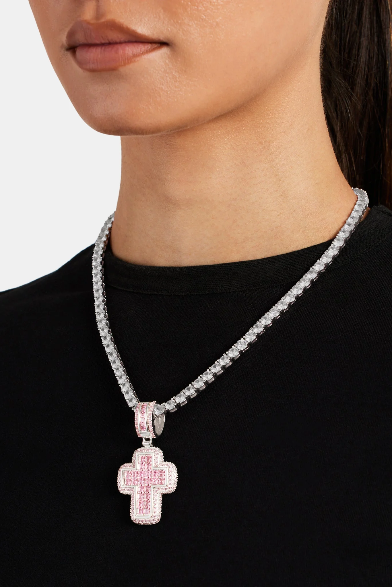 35mm Iced Pink CZ Baguette Cross Pendant - Image 3
