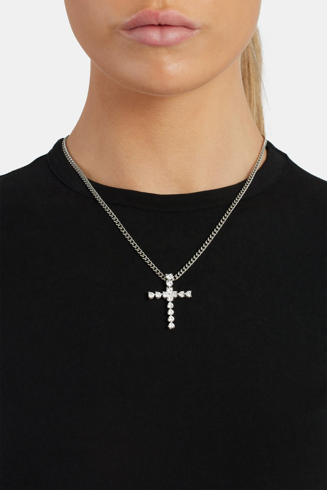 3mm Cuban Chain with Iced Clear CZ Cross Necklace - Image 2