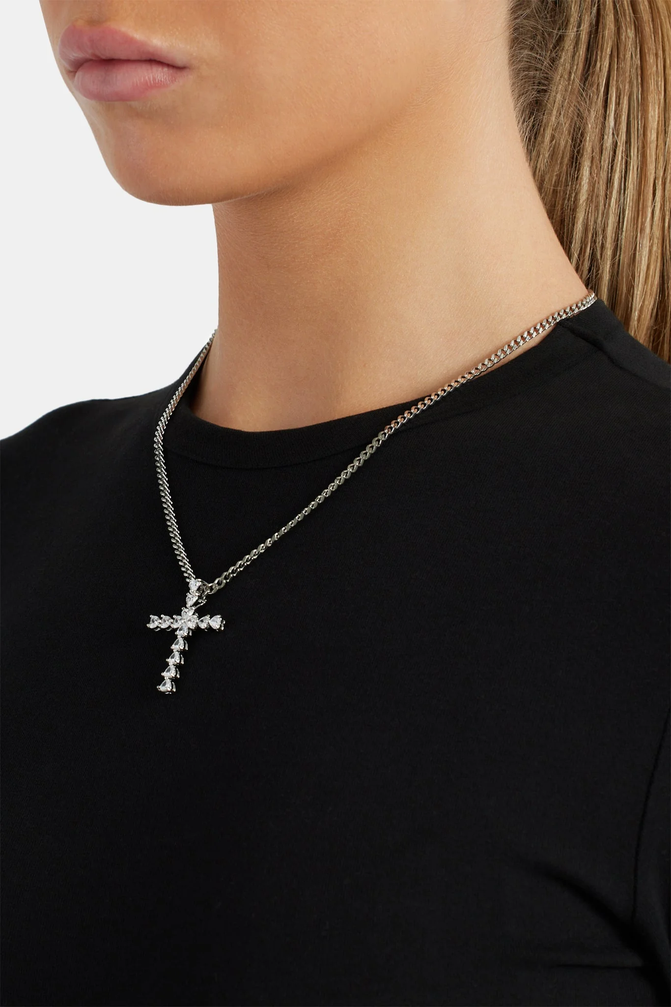 3mm Cuban Chain with Iced Clear CZ Cross Necklace - Image 3