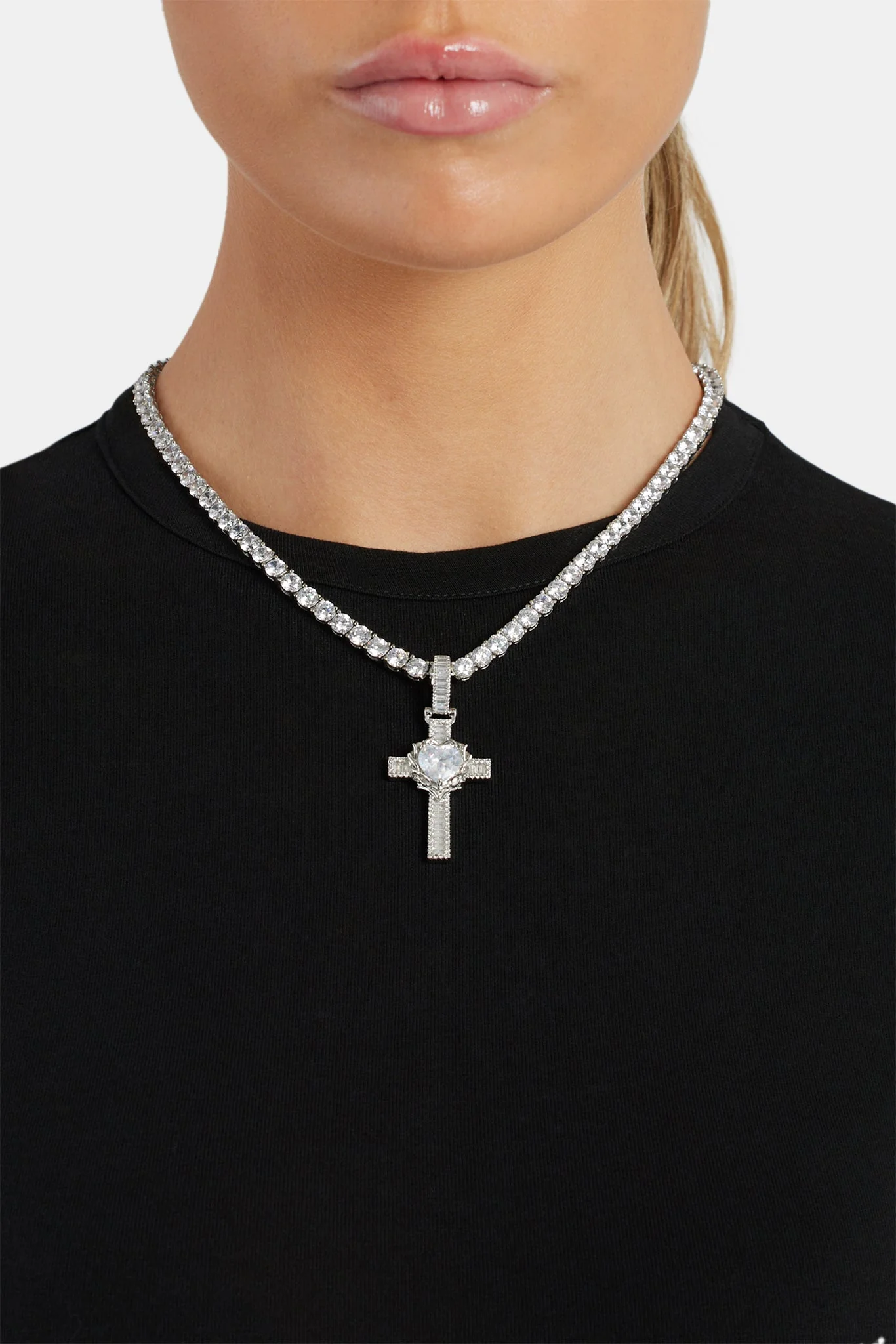 40mm Baguette CZ Heart Cross Pendant - Image 2