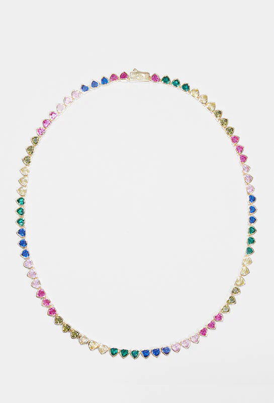 5mm Iced Multi Colour Heart Tennis Necklace - Gold