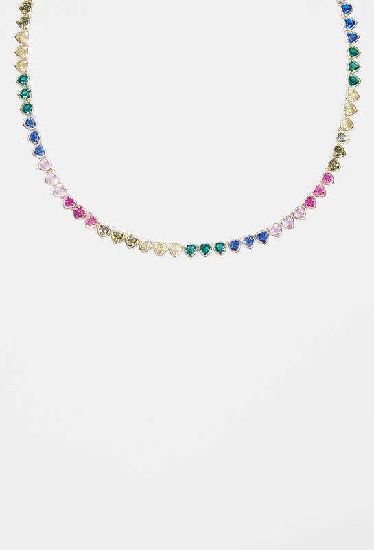 5mm Iced Multi Colour Heart Tennis Necklace - Gold - Image 2
