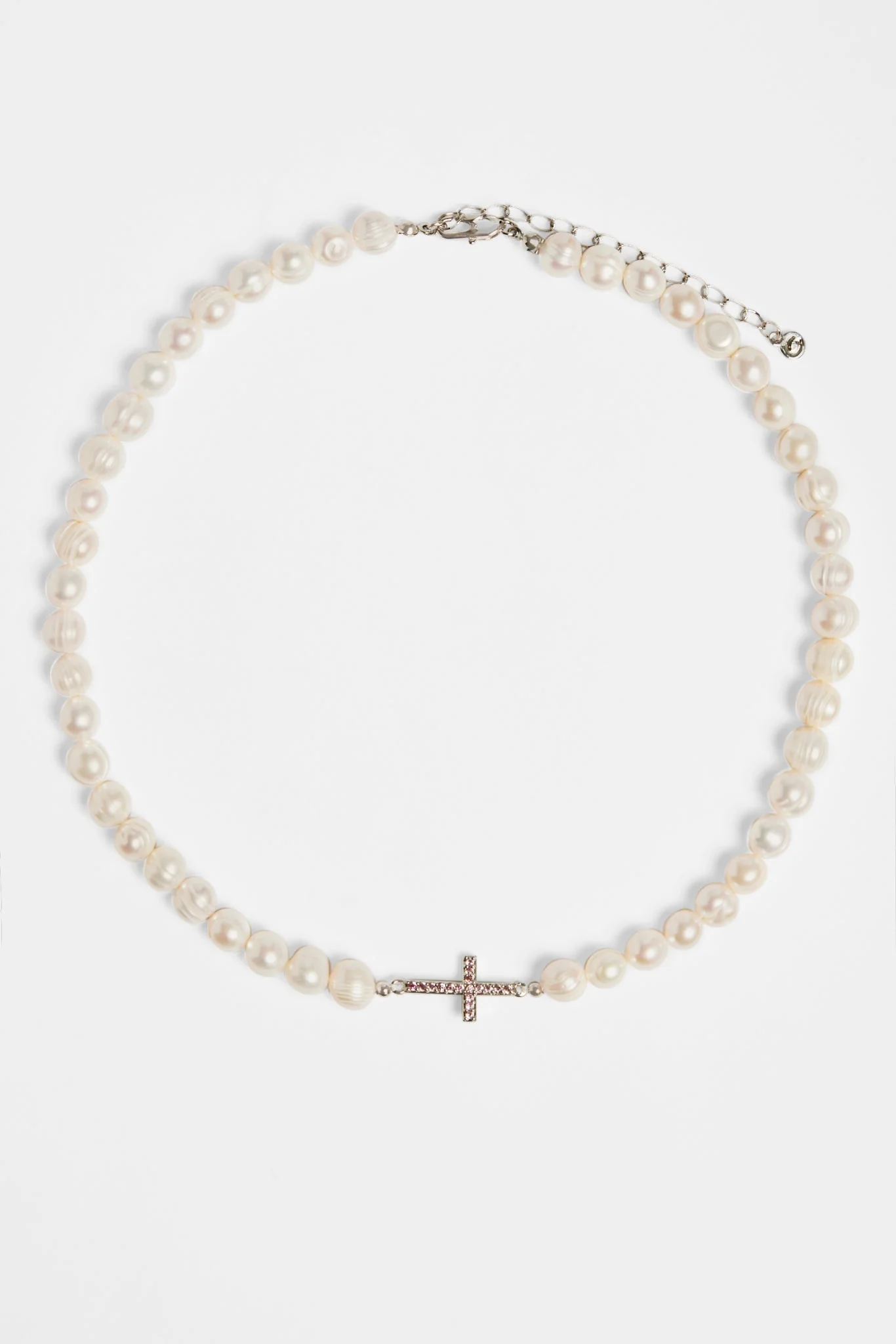 7mm Freshwater Pearl & Pink Iced Cross Necklace - Image 3