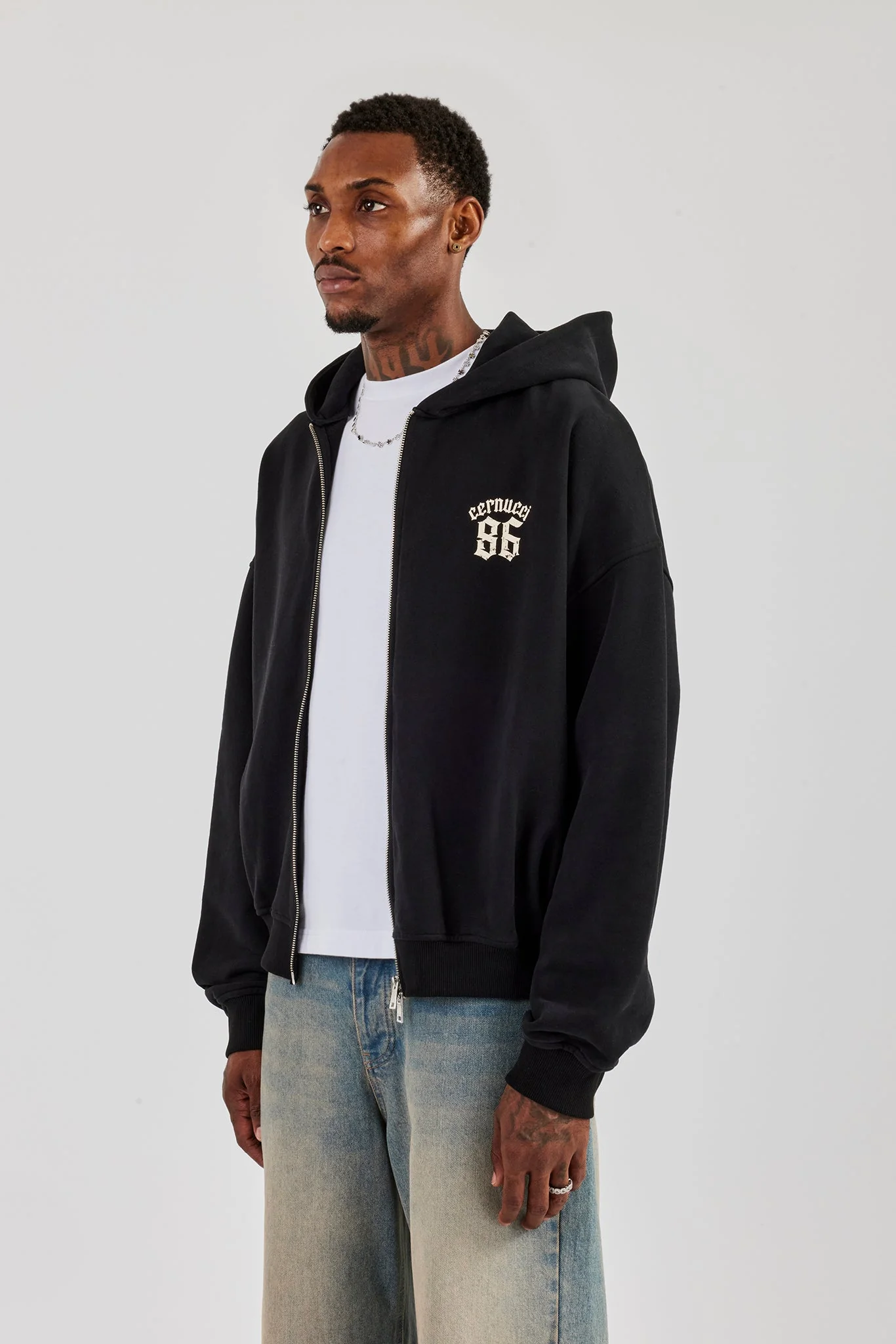 86 Back Print Zip Through Boxy Hoodie - Black - Image 3