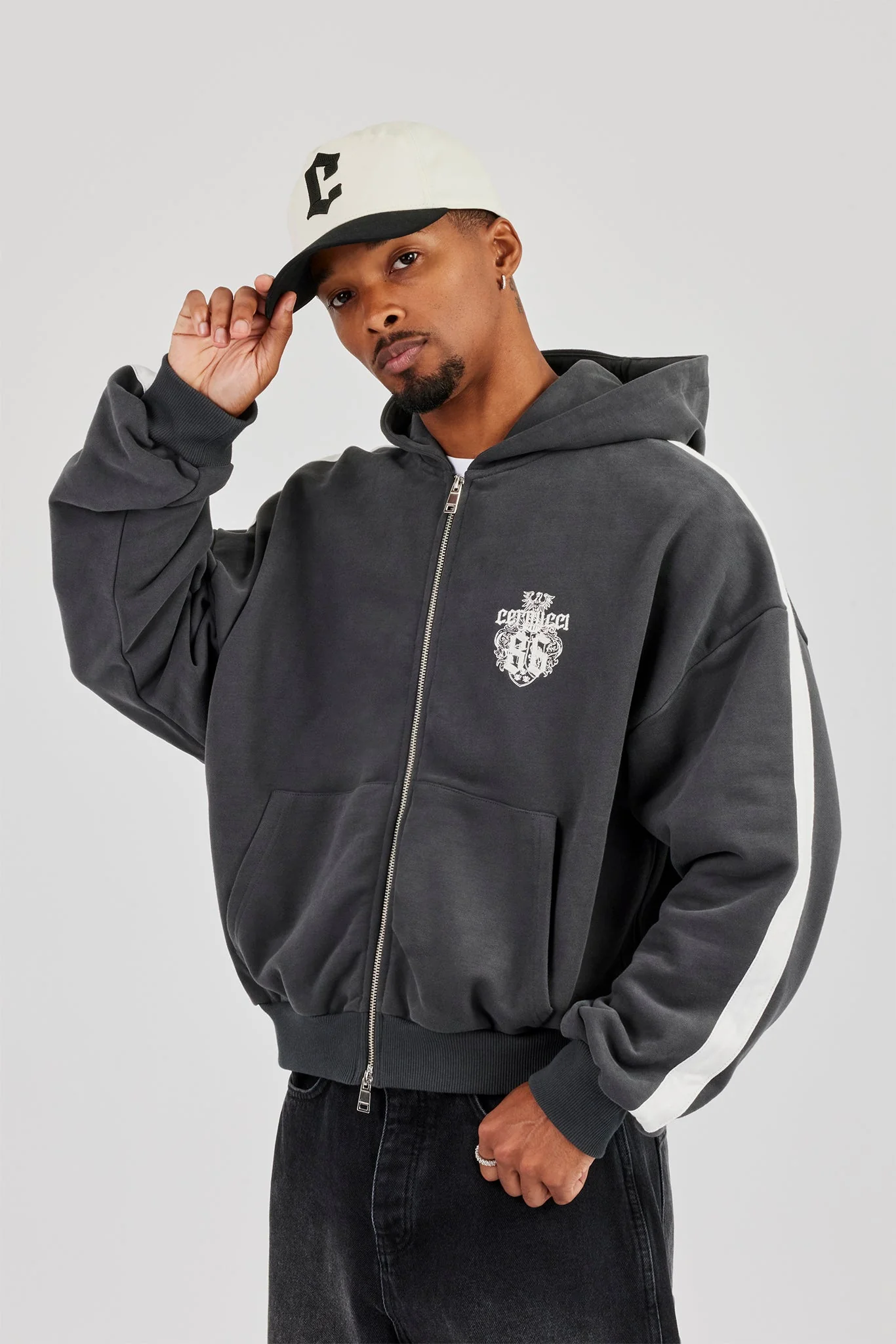 86 Taping Boxy Zip Through Hoodie - Charcoal - Image 2