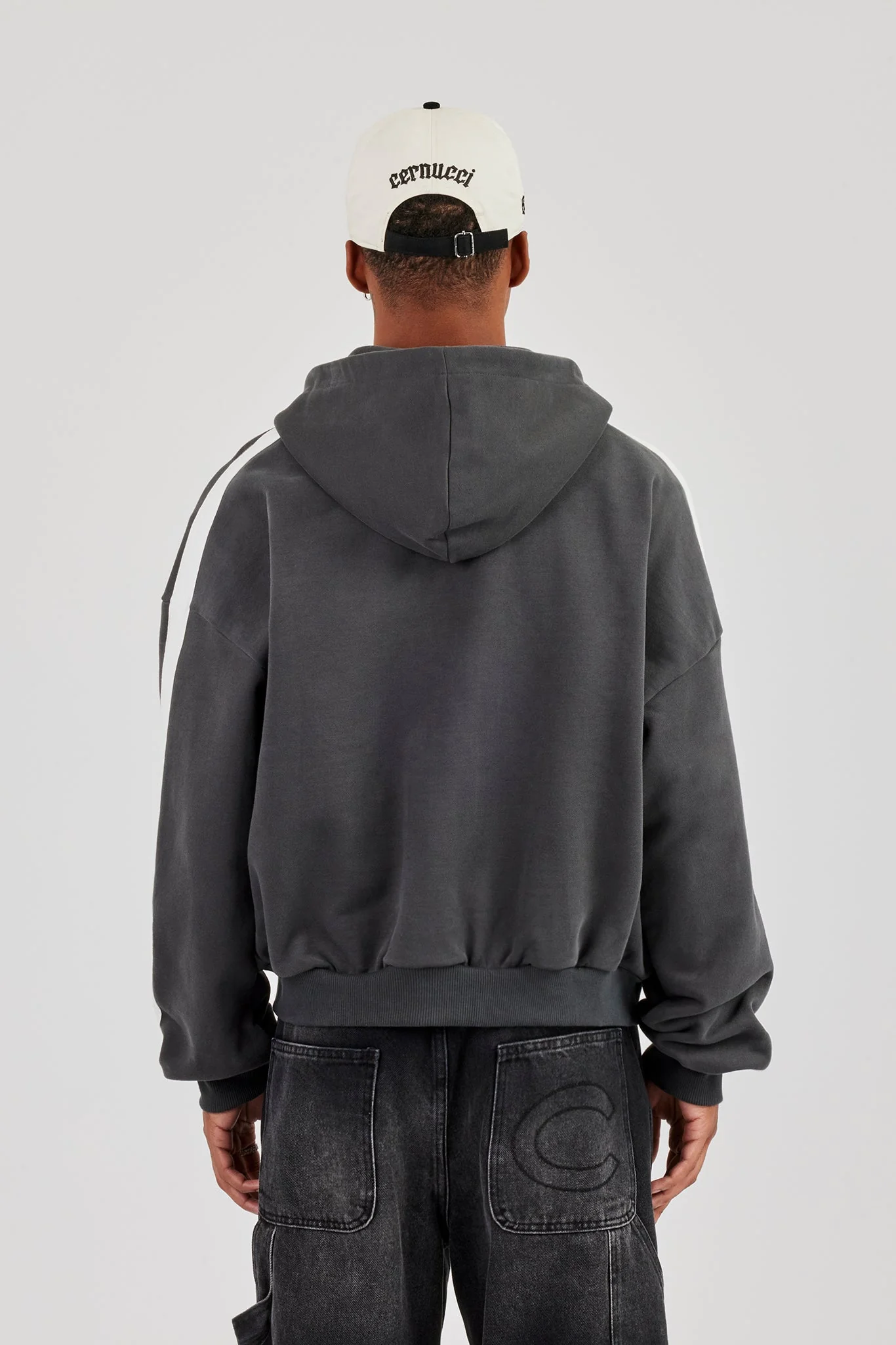 86 Taping Boxy Zip Through Hoodie - Charcoal - Image 3