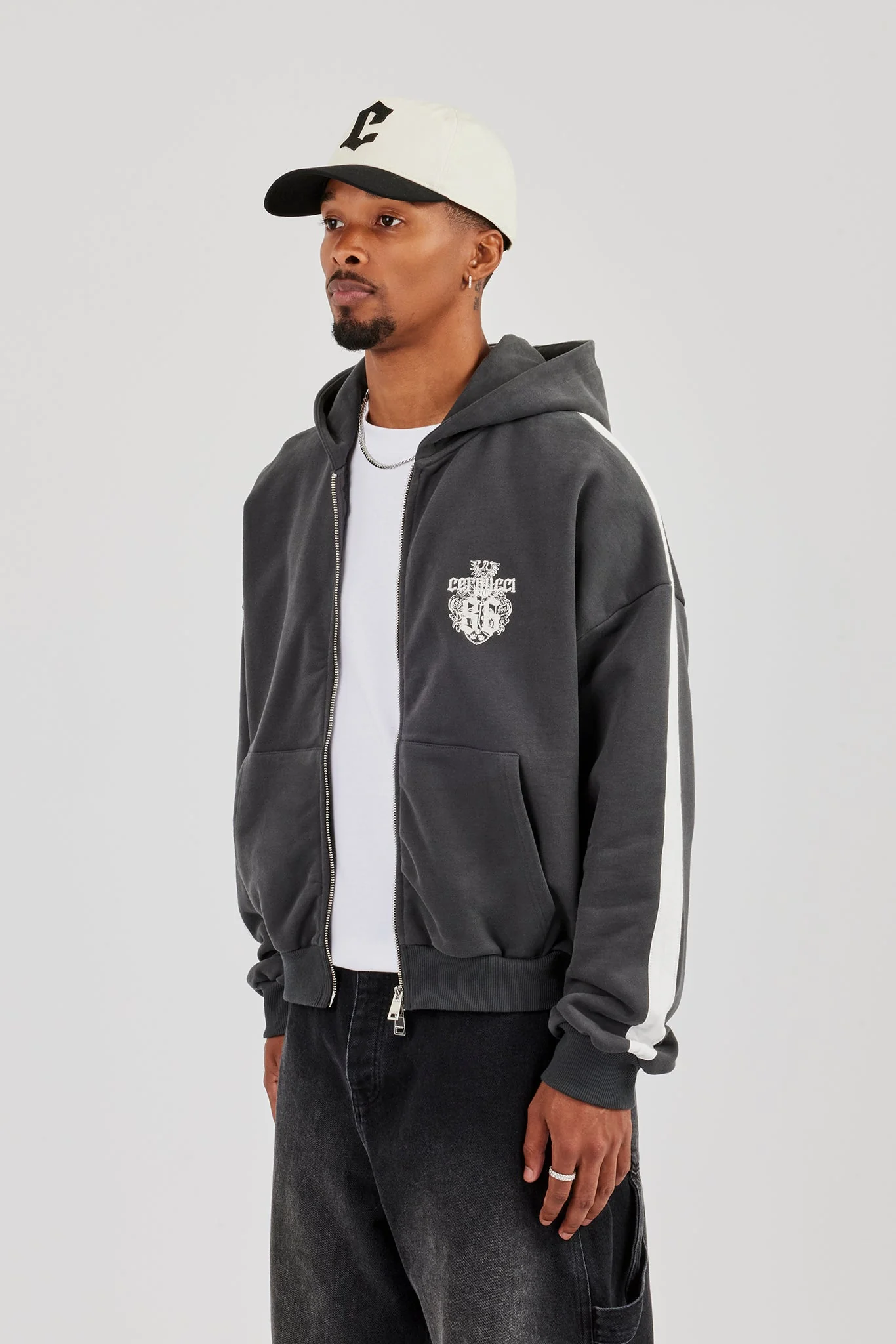 86 Taping Boxy Zip Through Hoodie - Charcoal - Image 4