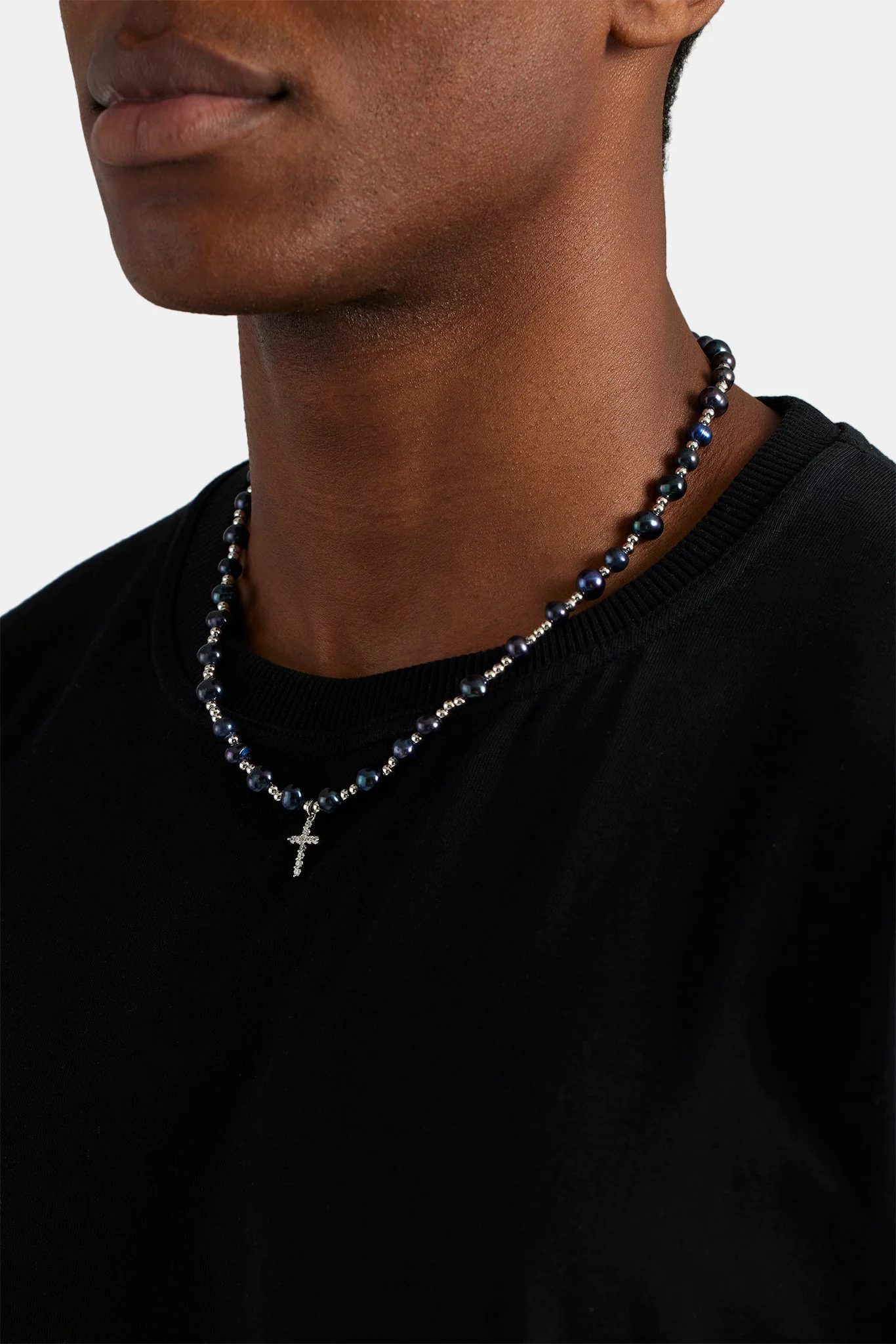 8mm Freshwater Black Pearl Necklace With Iced CZ Cross - Image 4