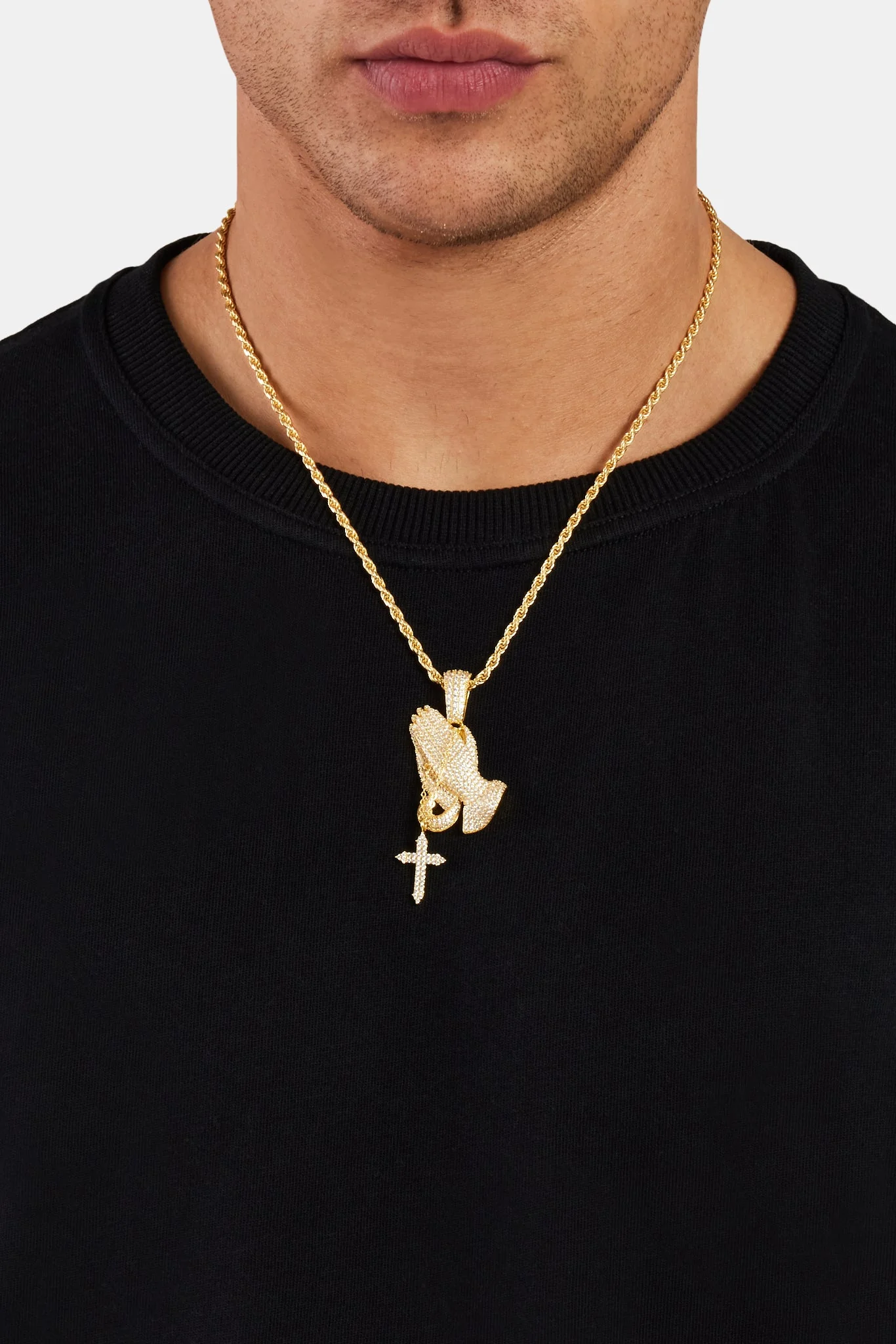 925 Sterling Silver Iced Praying Hands Pendant - Gold - Image 2
