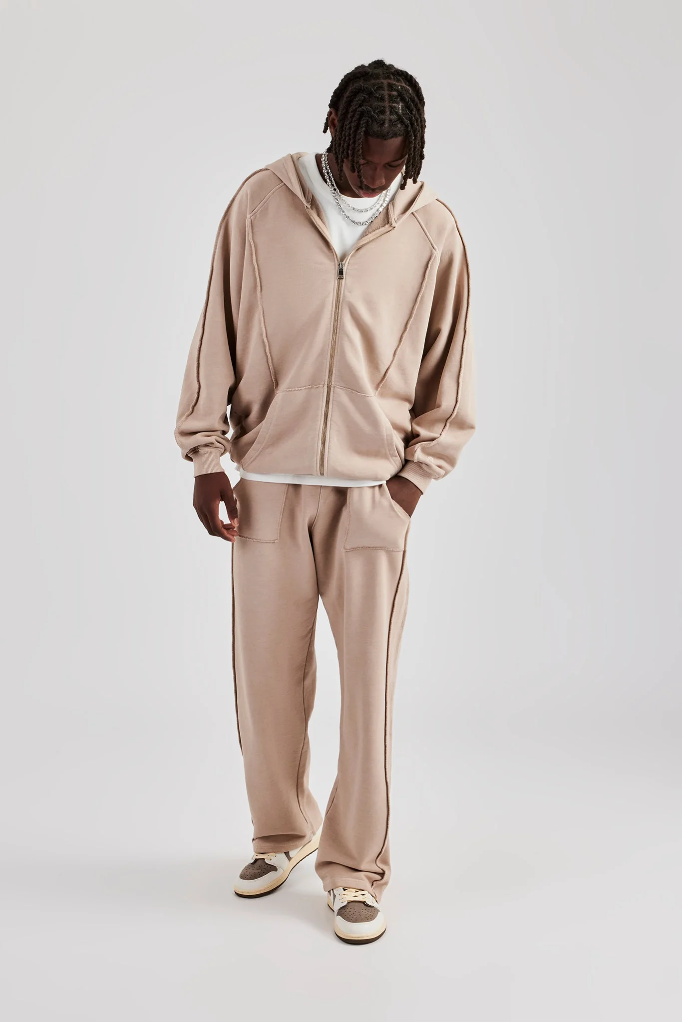 Acid Exposed Seam Zip Through Hoodie - Stone - Image 4