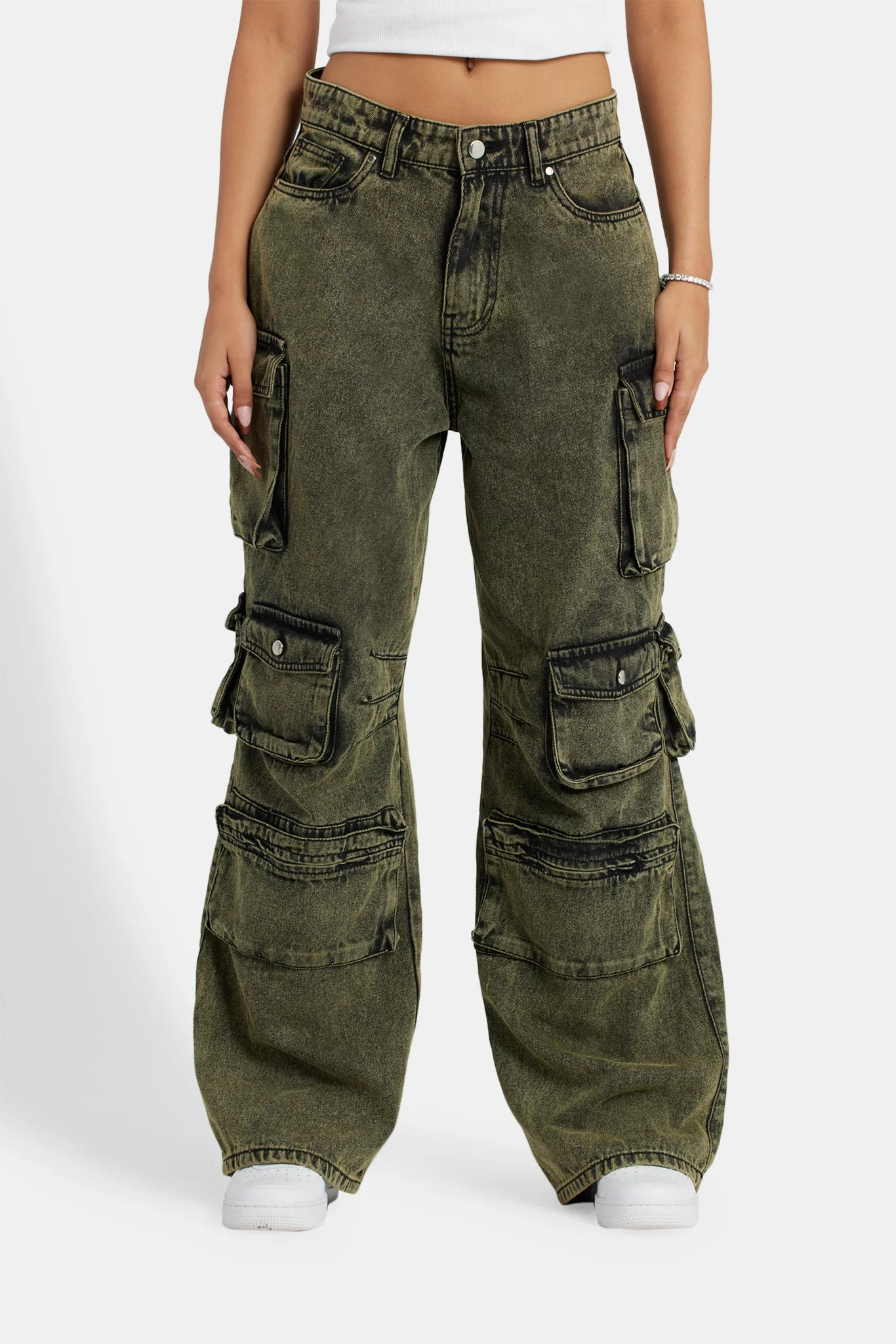 Acid Wash Baggy Cargo Jeans - Green - Image 3