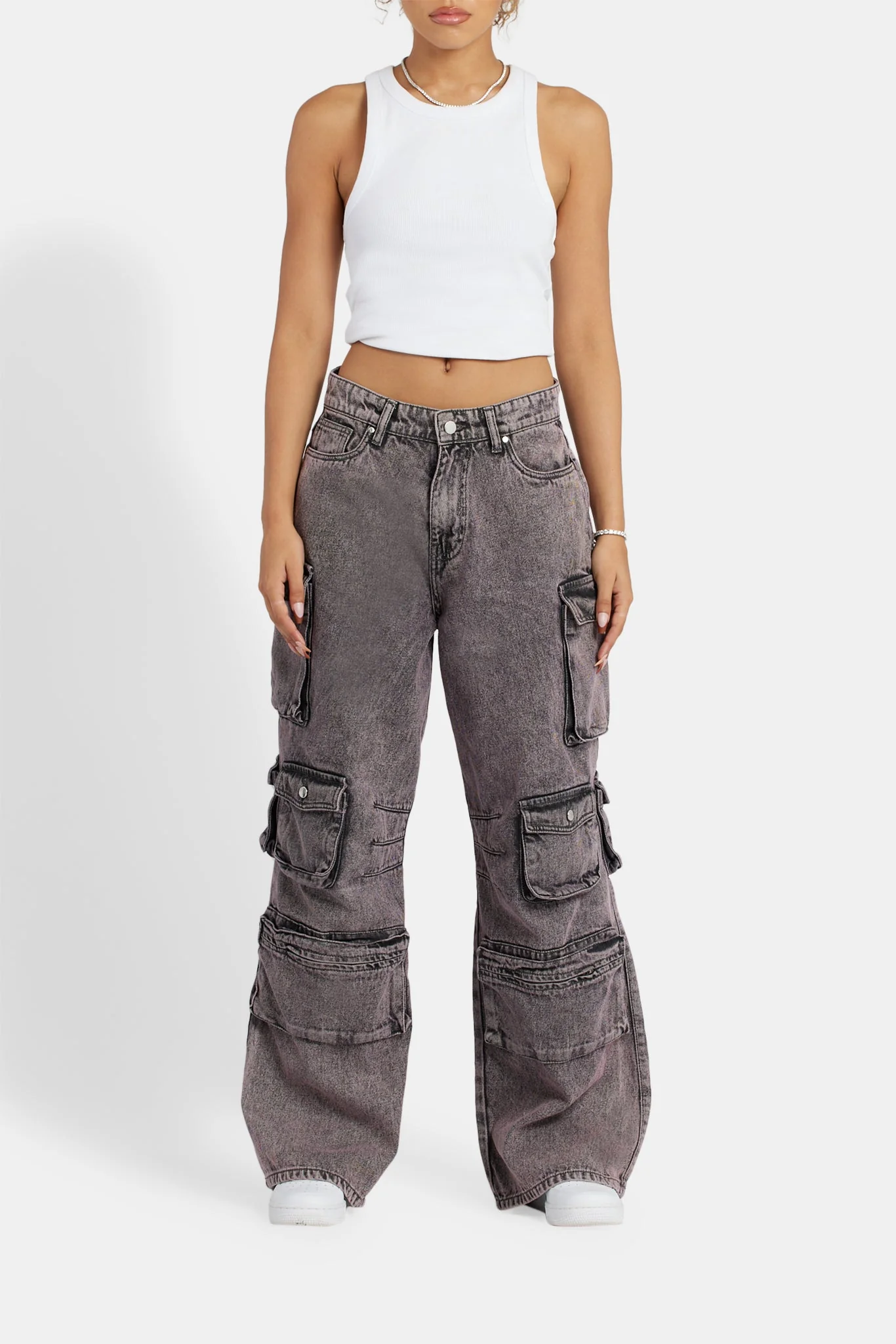 Acid Wash Baggy Cargo Jeans - Pink - Image 2