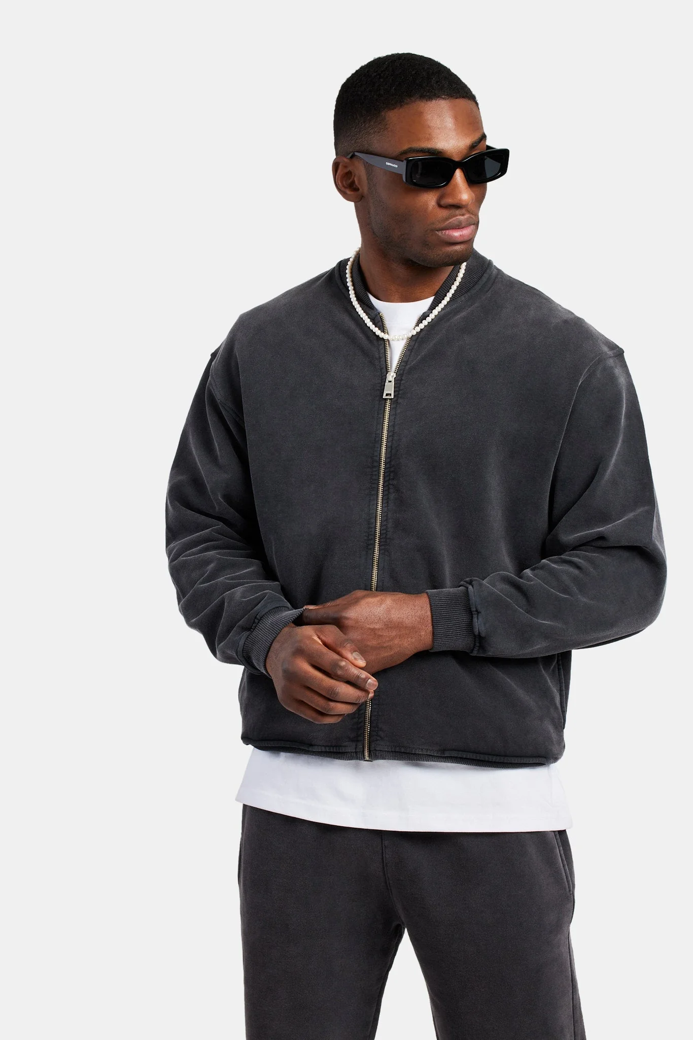 Acid Wash Jersey Bomber Zip Through - Charcoal - Image 3