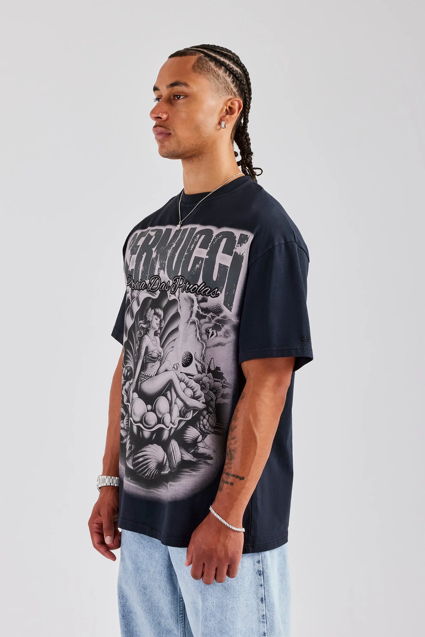 Acid Wash Praia Das Perolas Oversized T-Shirt - Charcoal - Image 2