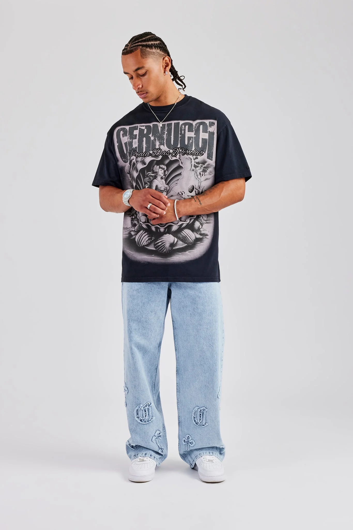 Acid Wash Praia Das Perolas Oversized T-Shirt - Charcoal - Image 4