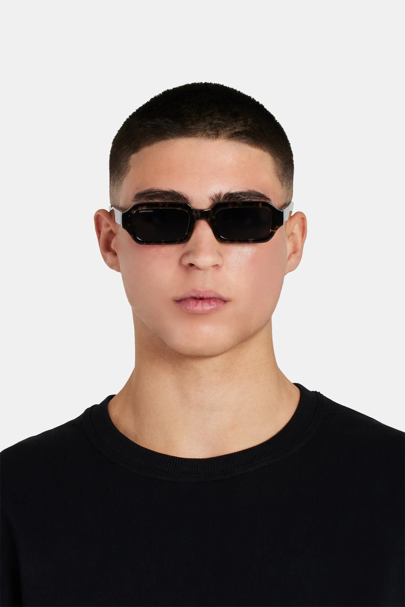 Angled Slim Rectangle Marble Acetate Frame Sunglasses - Black - Image 4