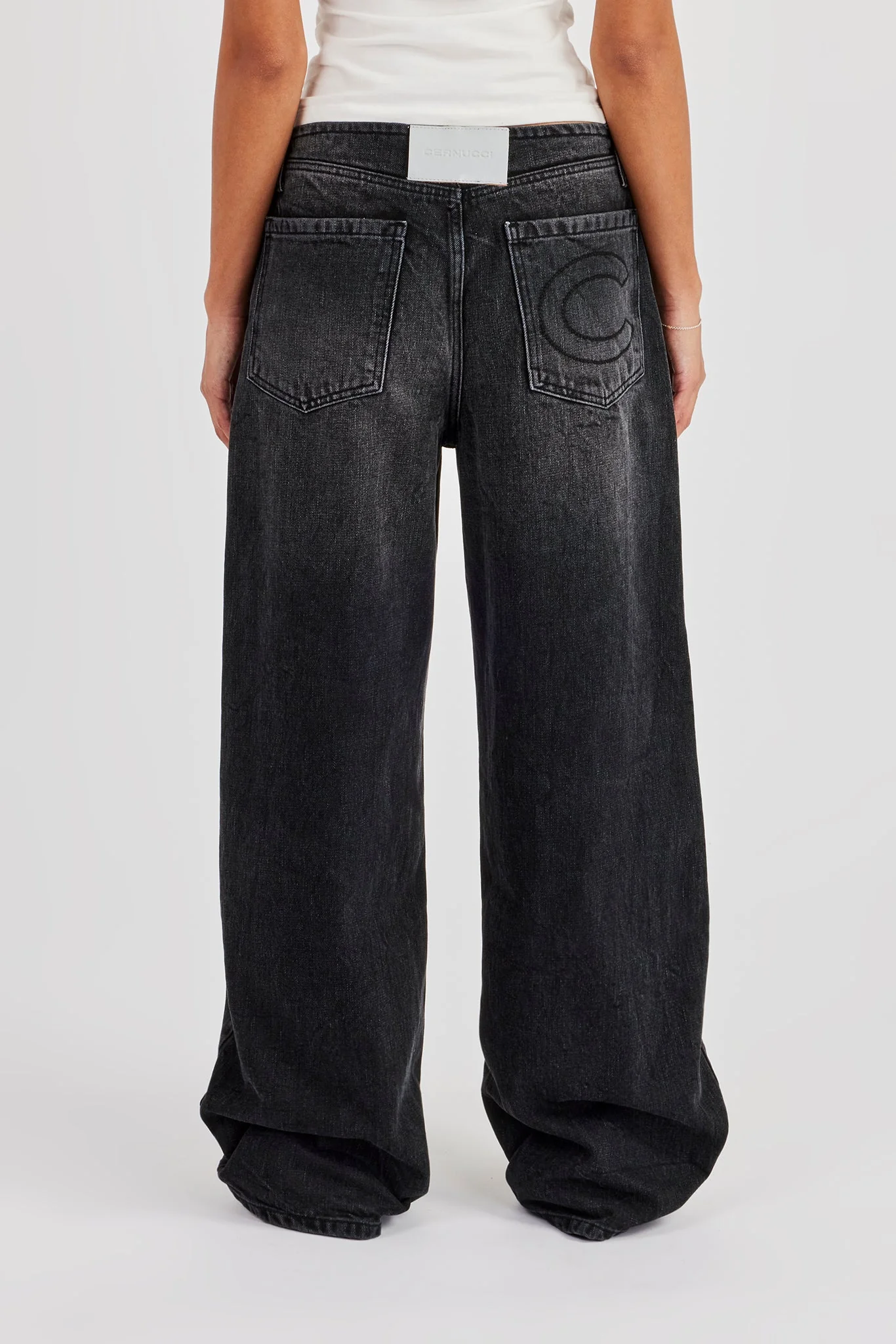 Baggy Low Waistbandless Detail Jean - Washed Black - Image 3