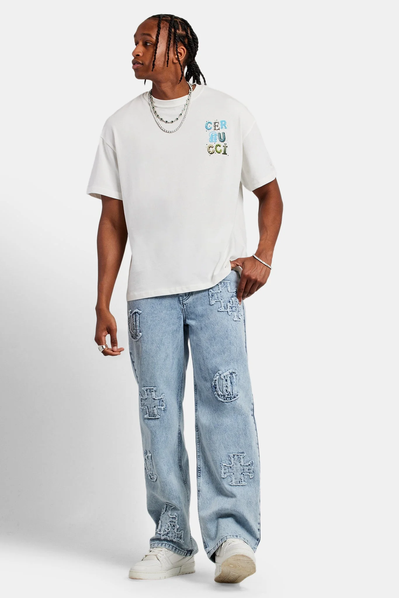 Baggy Raw Edge Applique Jeans - Light Blue - Image 2