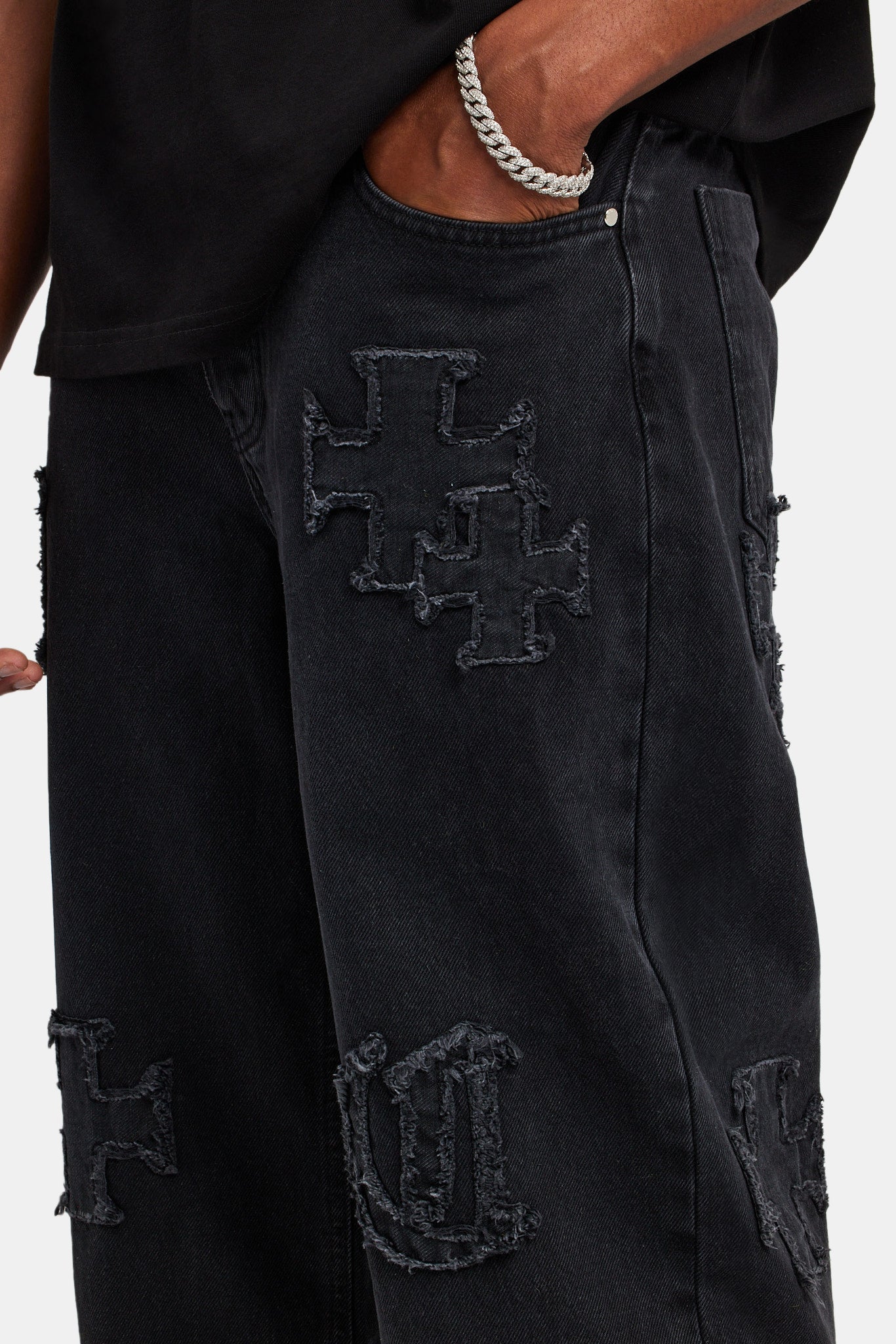 Baggy Raw Edge Applique Jeans - Washed Black - Image 3