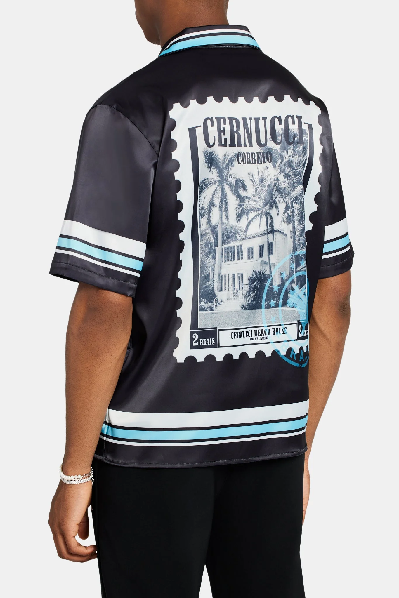 Beach House Border Graphic Satin Shirt - Black - Image 4