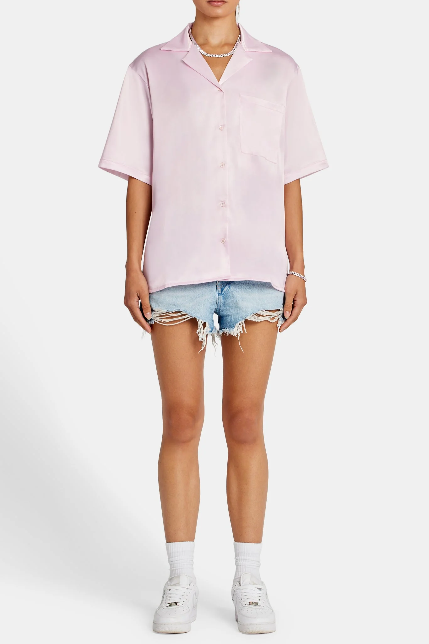 Beach Hut Graphic Satin Shirt - Light Pink - Image 3