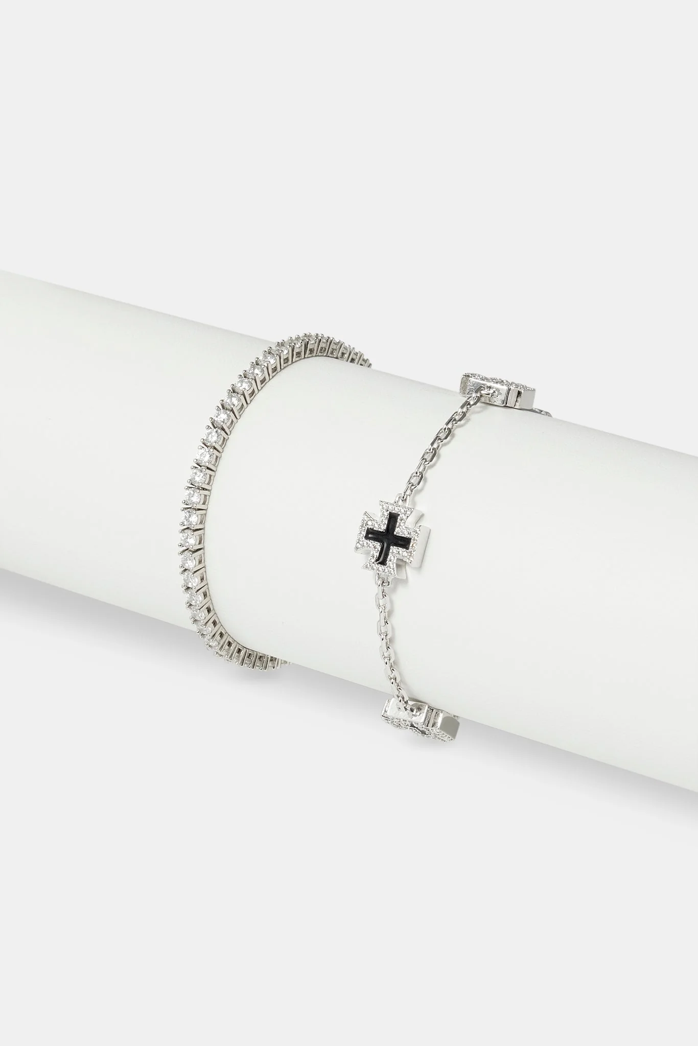 12mm Black Enamel Cross Motif Bracelet & 3mm Tennis Bracelet - White - Image 2