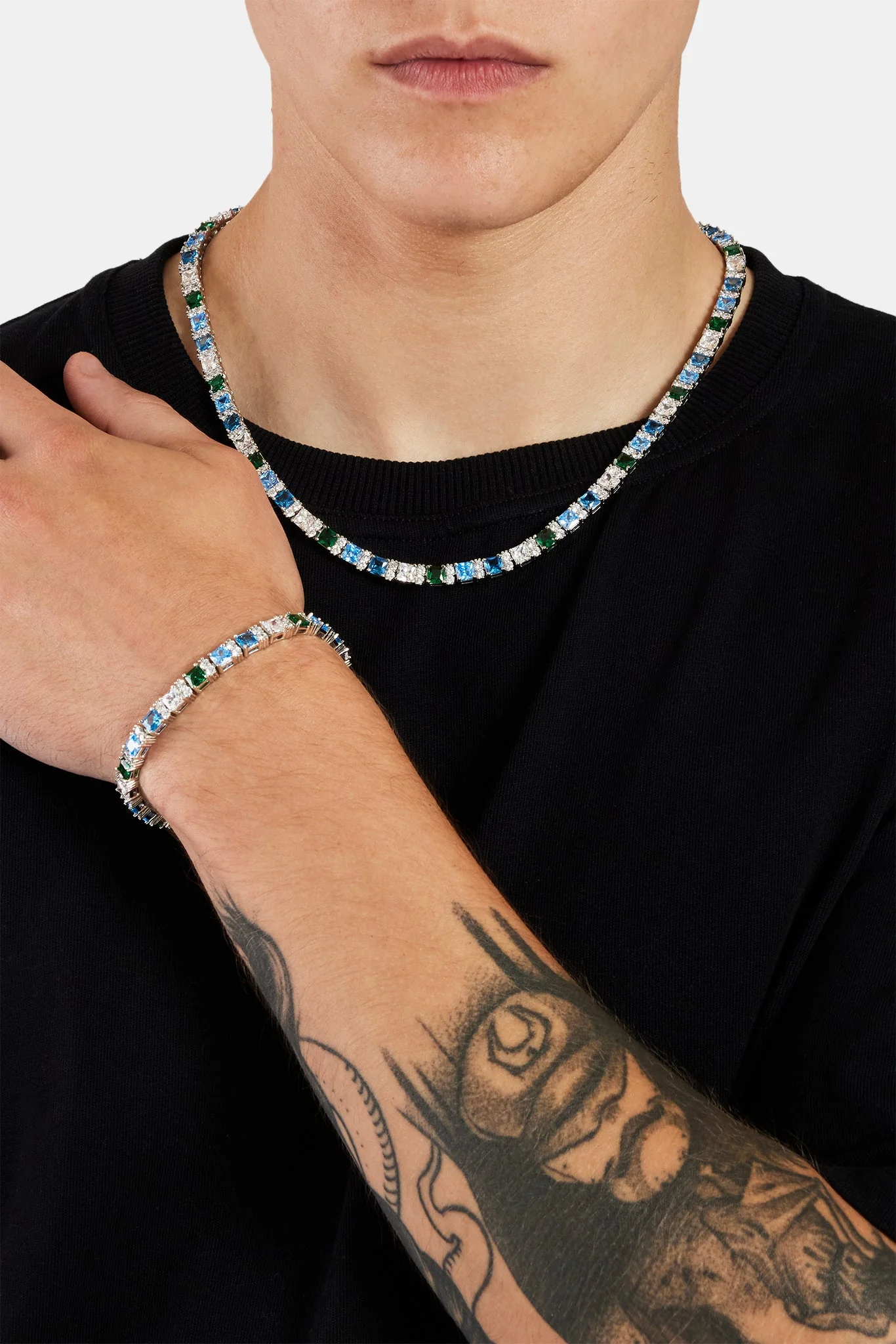Blue & Green Baguette Tennis Chain + Bracelet Bundle - Image 2