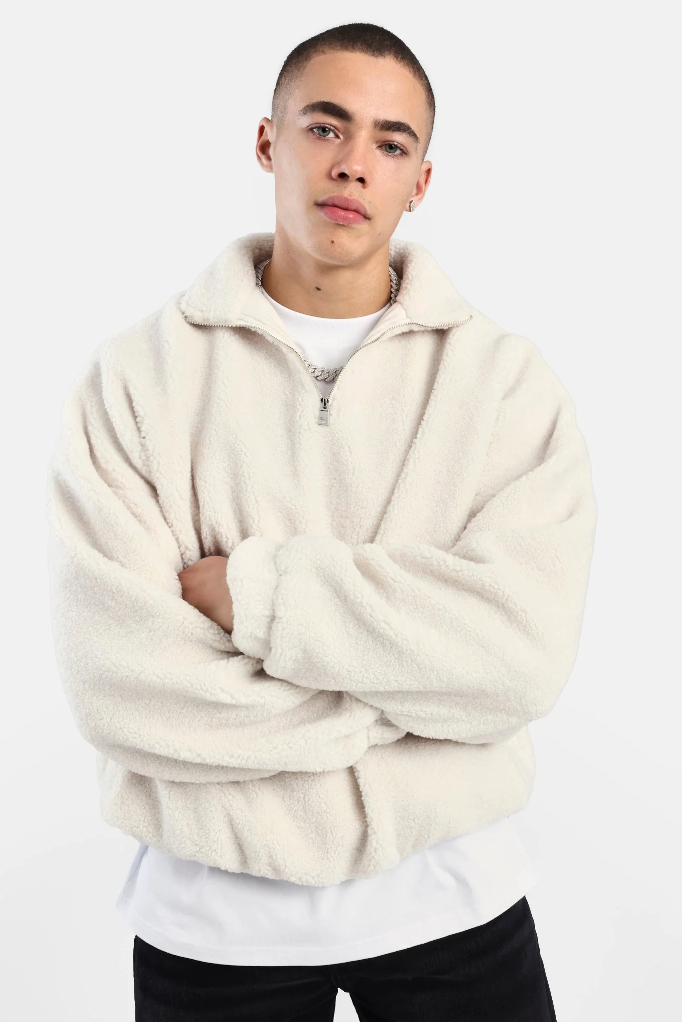 Borg Half Zip Sweatshirt - Off White - Image 4