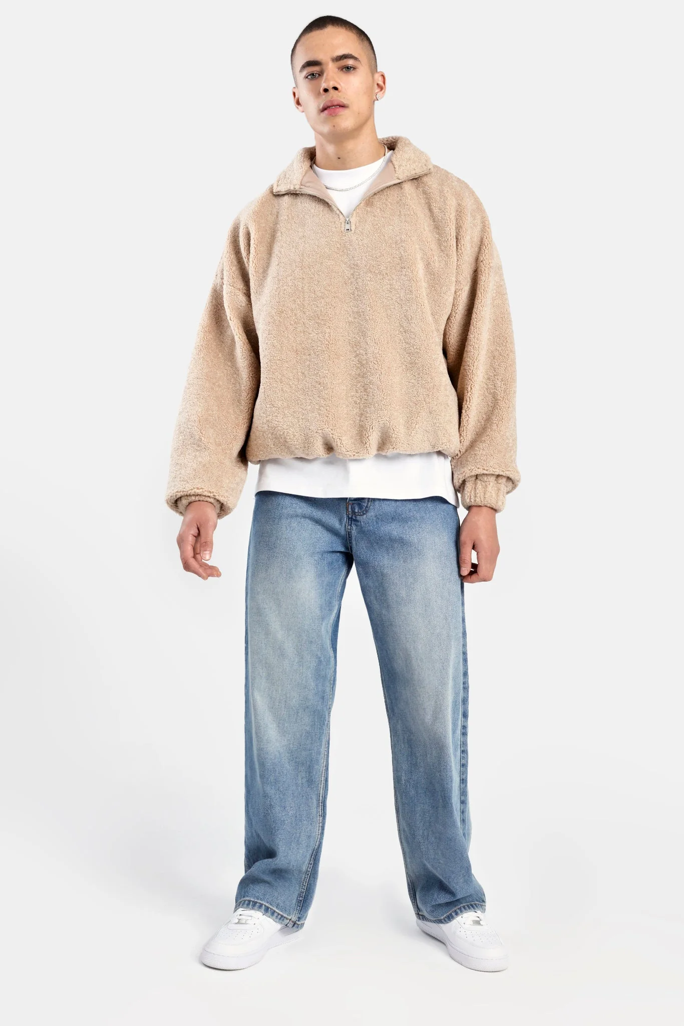 Borg Half Zip Sweatshirt - Stone - Image 3
