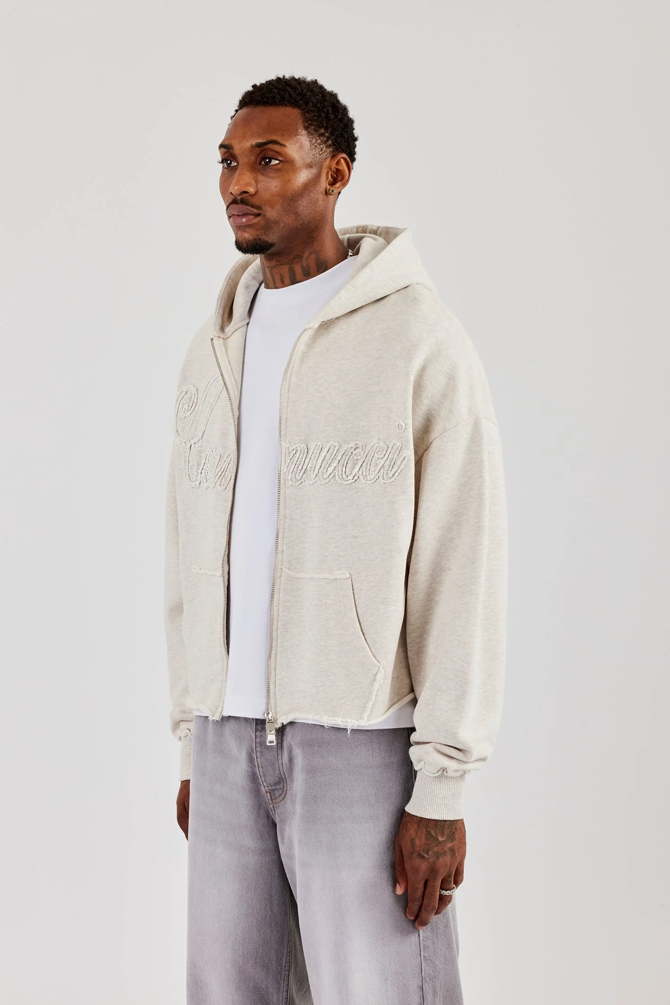 Boxy Applique Zip Hoodie - Ash Grey - Image 2