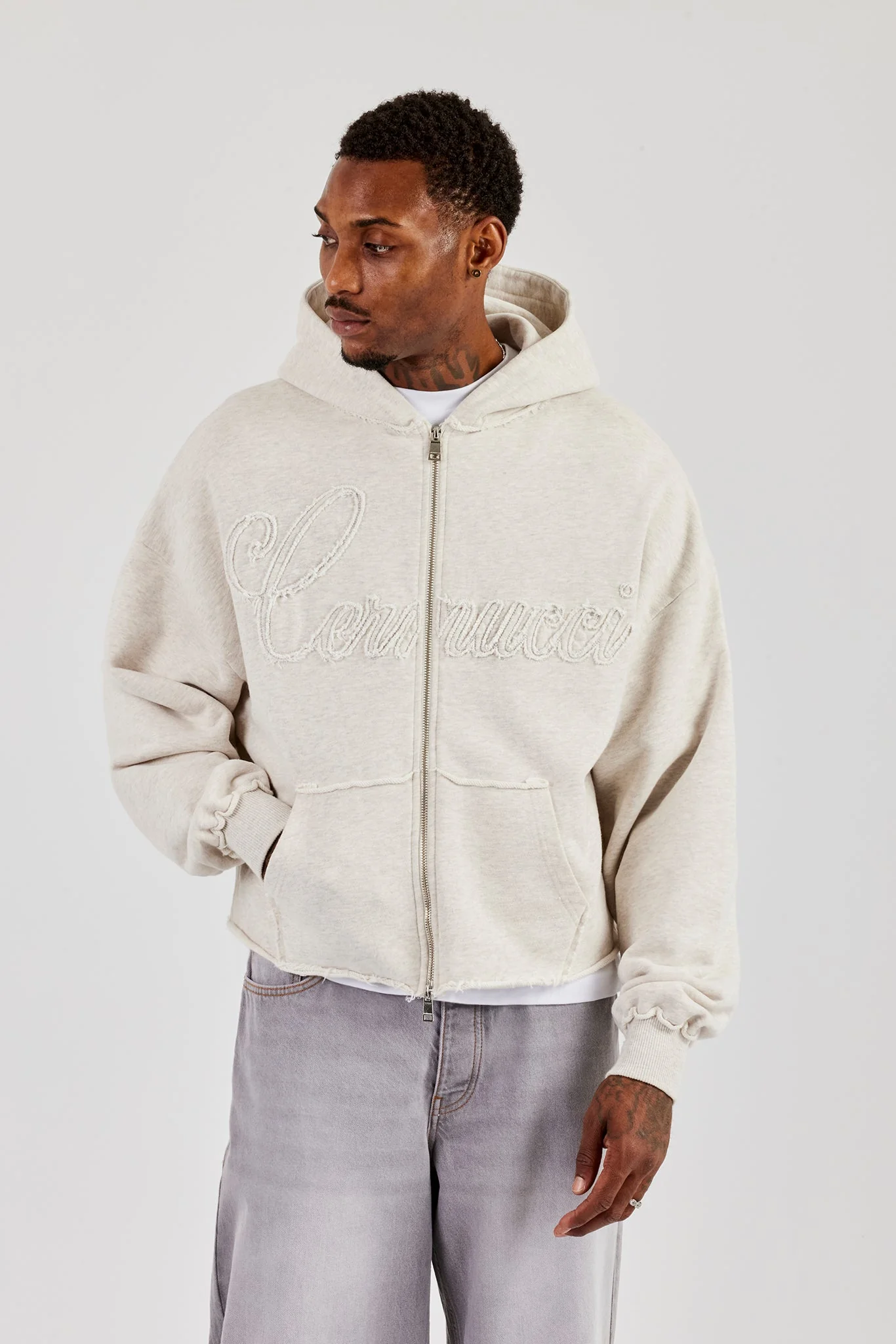 Boxy Applique Zip Hoodie - Ash Grey - Image 4