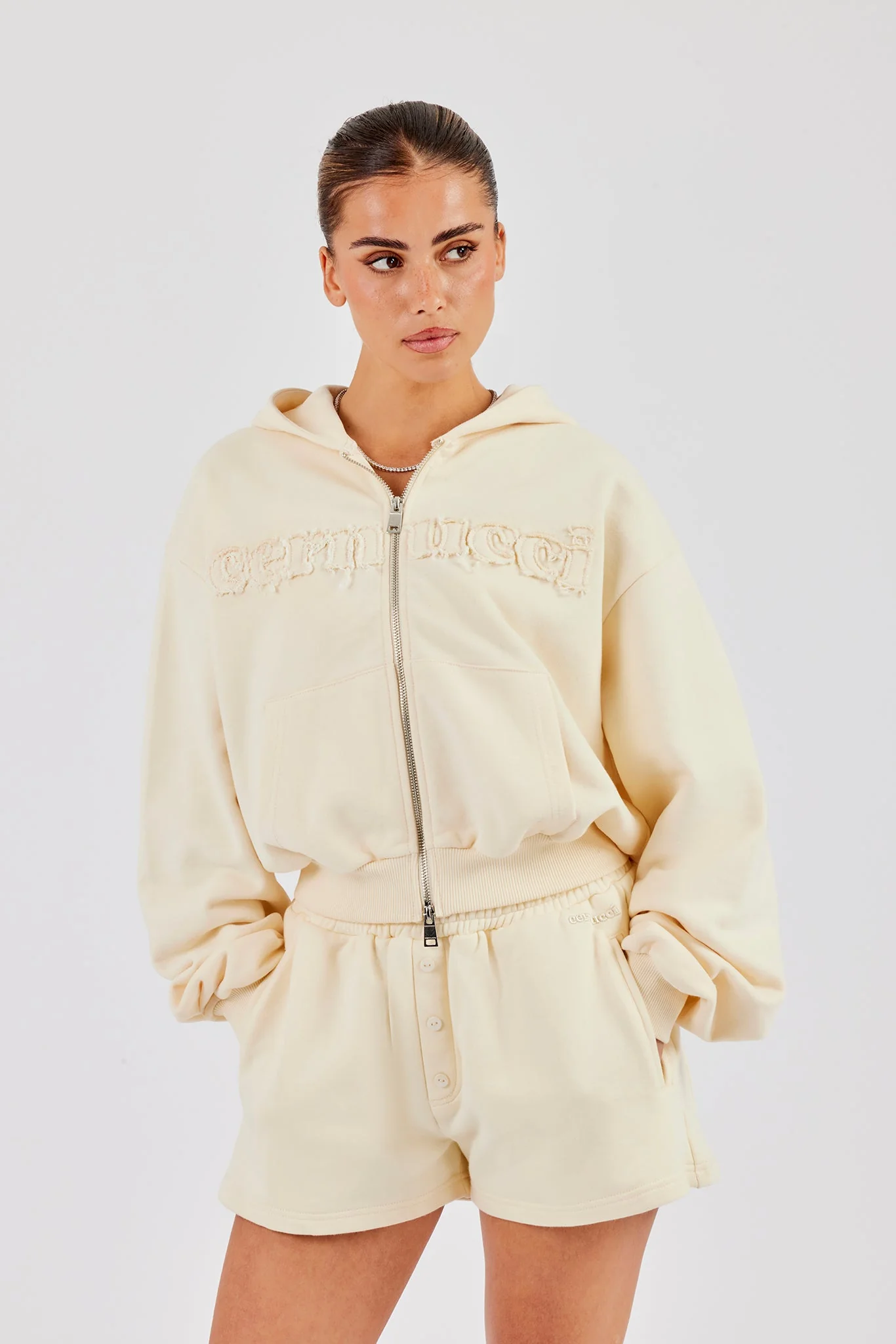 Boxy Cropped Applique Logo Zip Hoodie - Butter Yellow - Image 3
