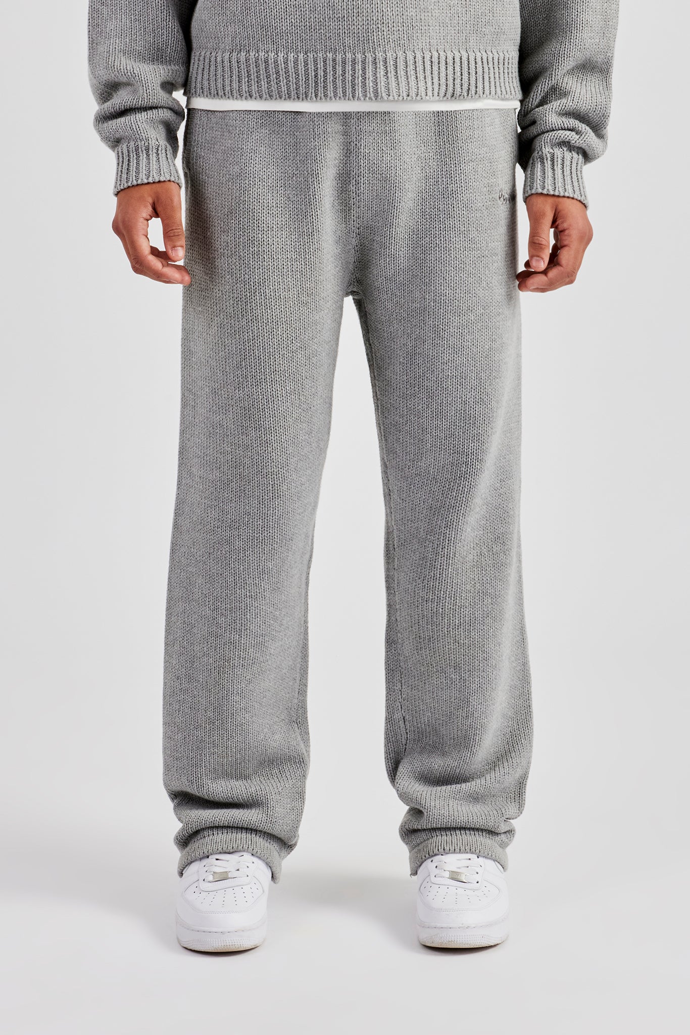 Boxy Knitted Embroidered Hoodie & Straight Leg Jogger - Grey - Image 5