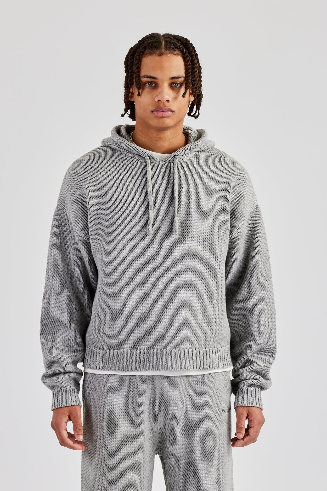 Boxy Knitted Embroidered Hoodie & Straight Leg Jogger - Grey - Image 6