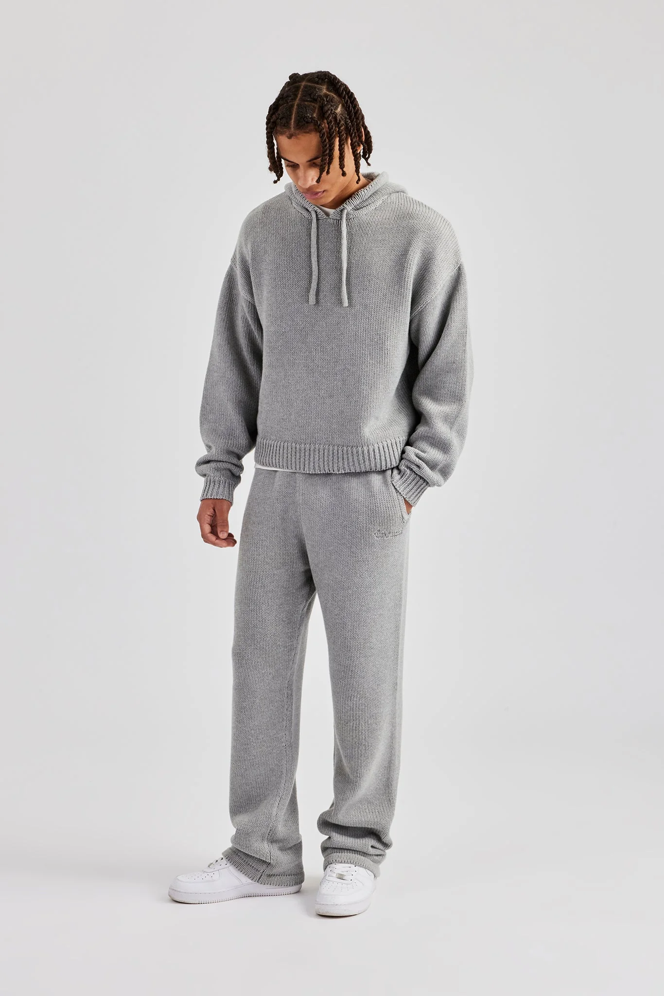 Boxy Knitted Embroidered Hoodie & Straight Leg Jogger - Grey - Image 7