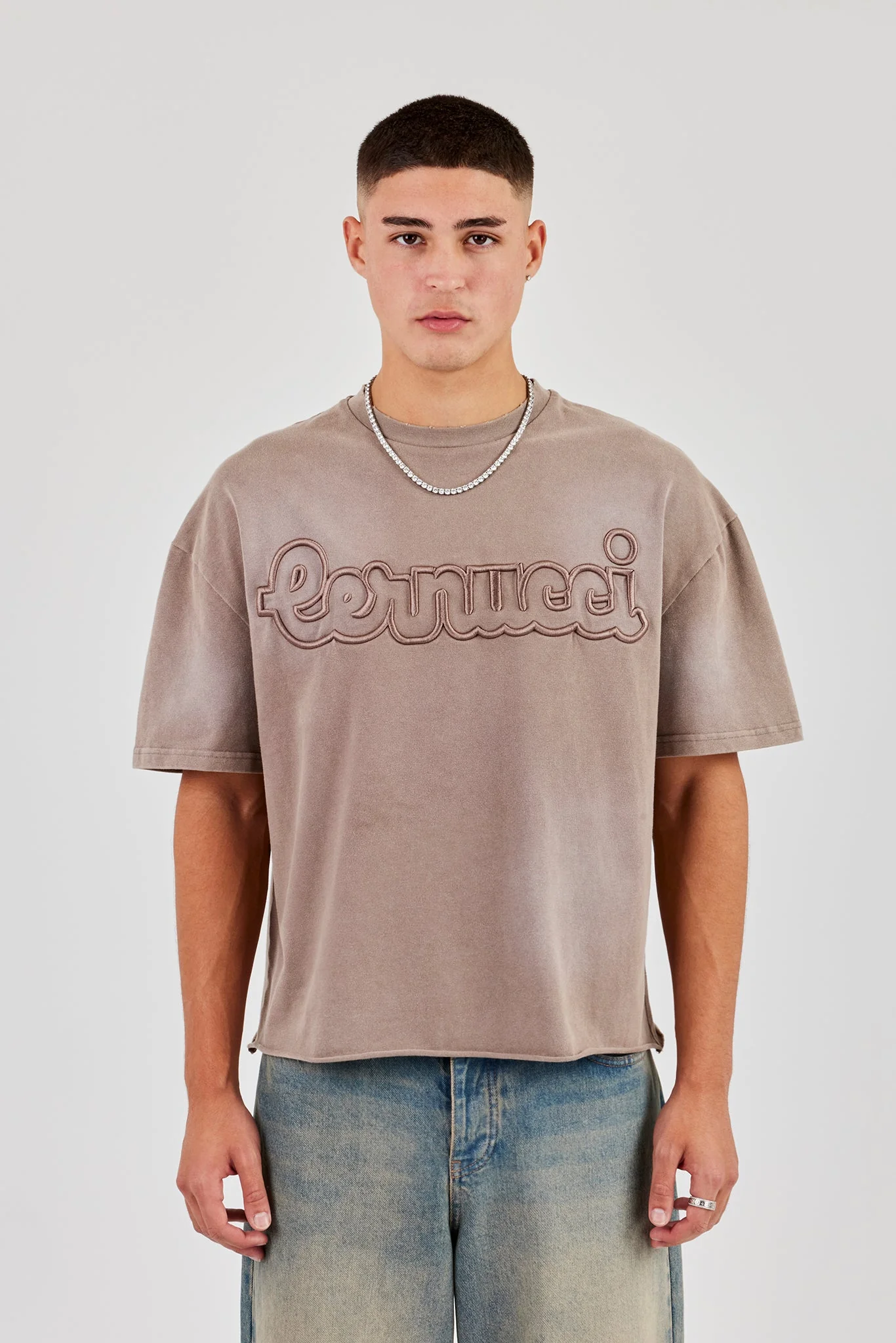 Boxy Washed Embroidered T-Shirt - Brown - Image 4