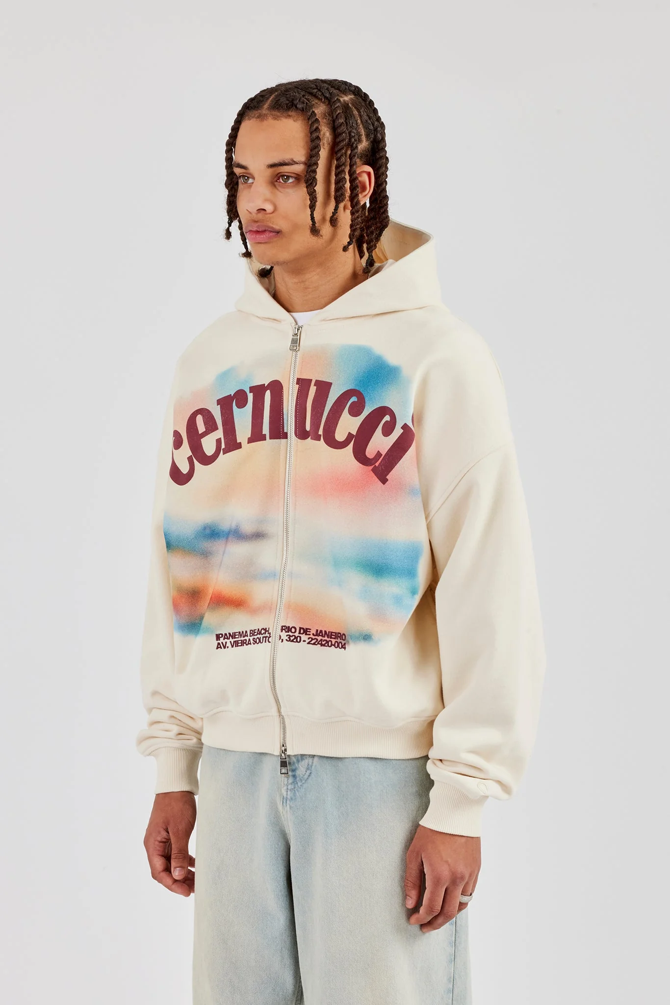 Boxy Zip Through Printed Hoodie - Ecru - Image 2