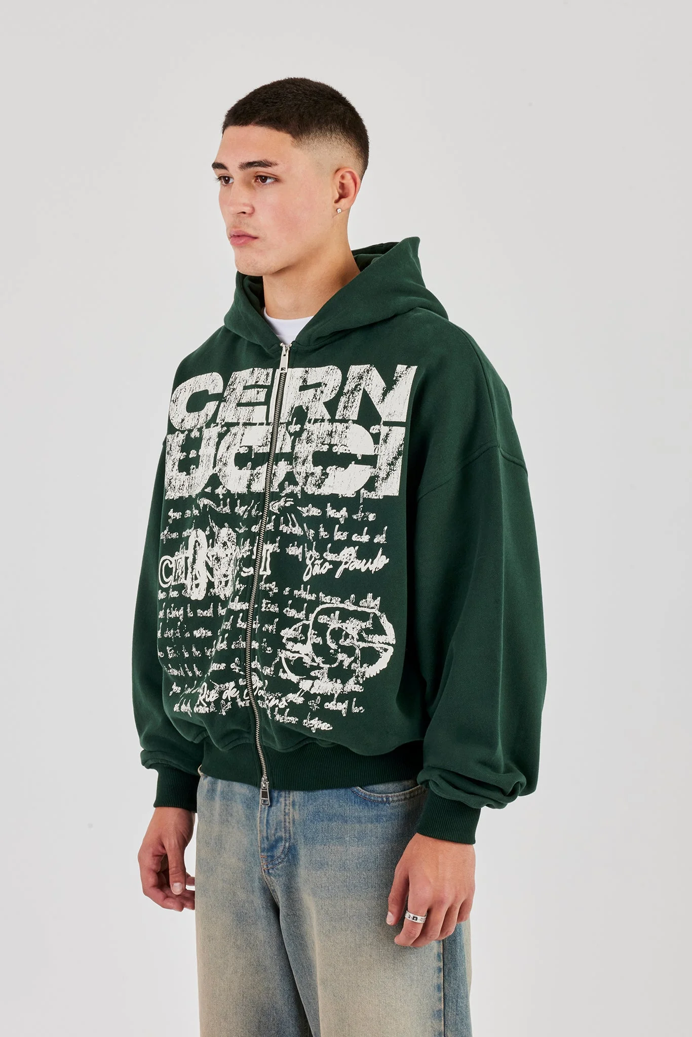 Boxy Zip Through Printed Hoodie - Forest Green - Image 2