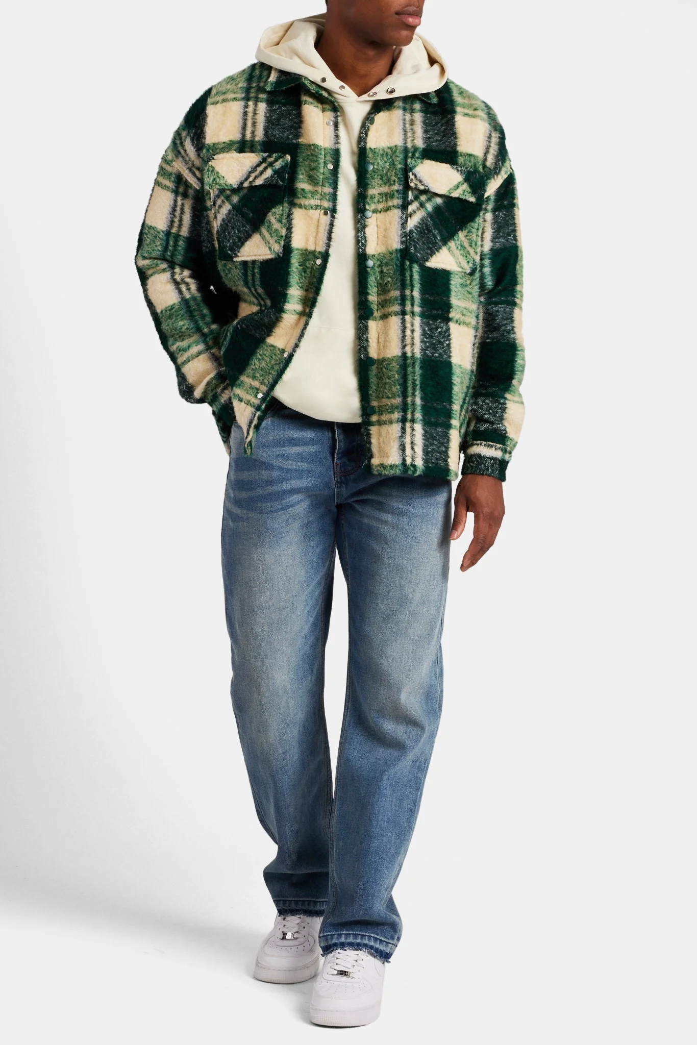 Brushed Check Lined Overshirt - Green - Image 2